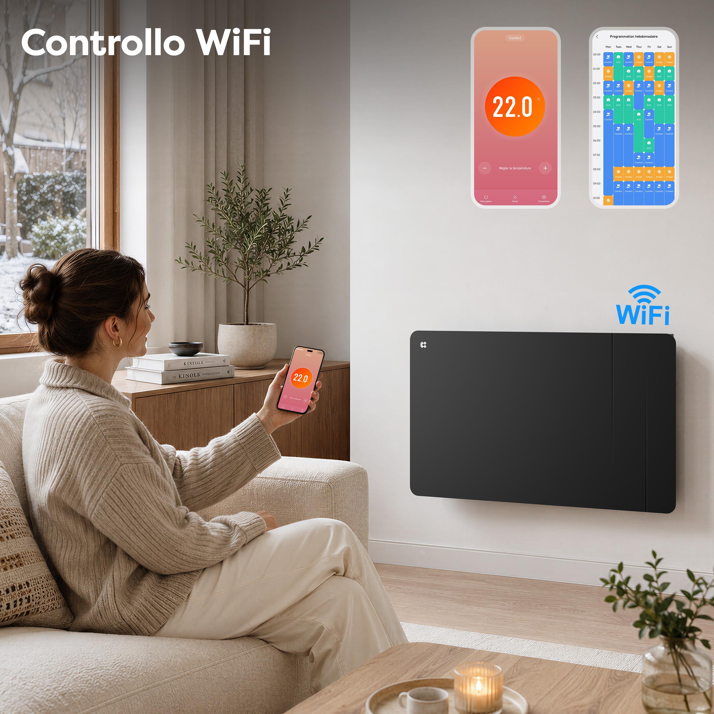 CIARRA Radiatore Ceramica e Pellicola Riscaldante 1500W - WiFi-Nero | Riscaldamento a Parete Intelligente PID per Soggiorno/Bagno (10-20㎡) - Calore omogeneo - Anti-gelo