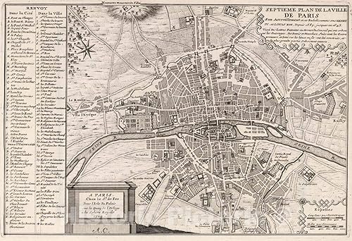Mapa histórico París, Francia, Septieme Plan de La Ville de Paris. 1714, Arte de pared vintage 44in x 30in