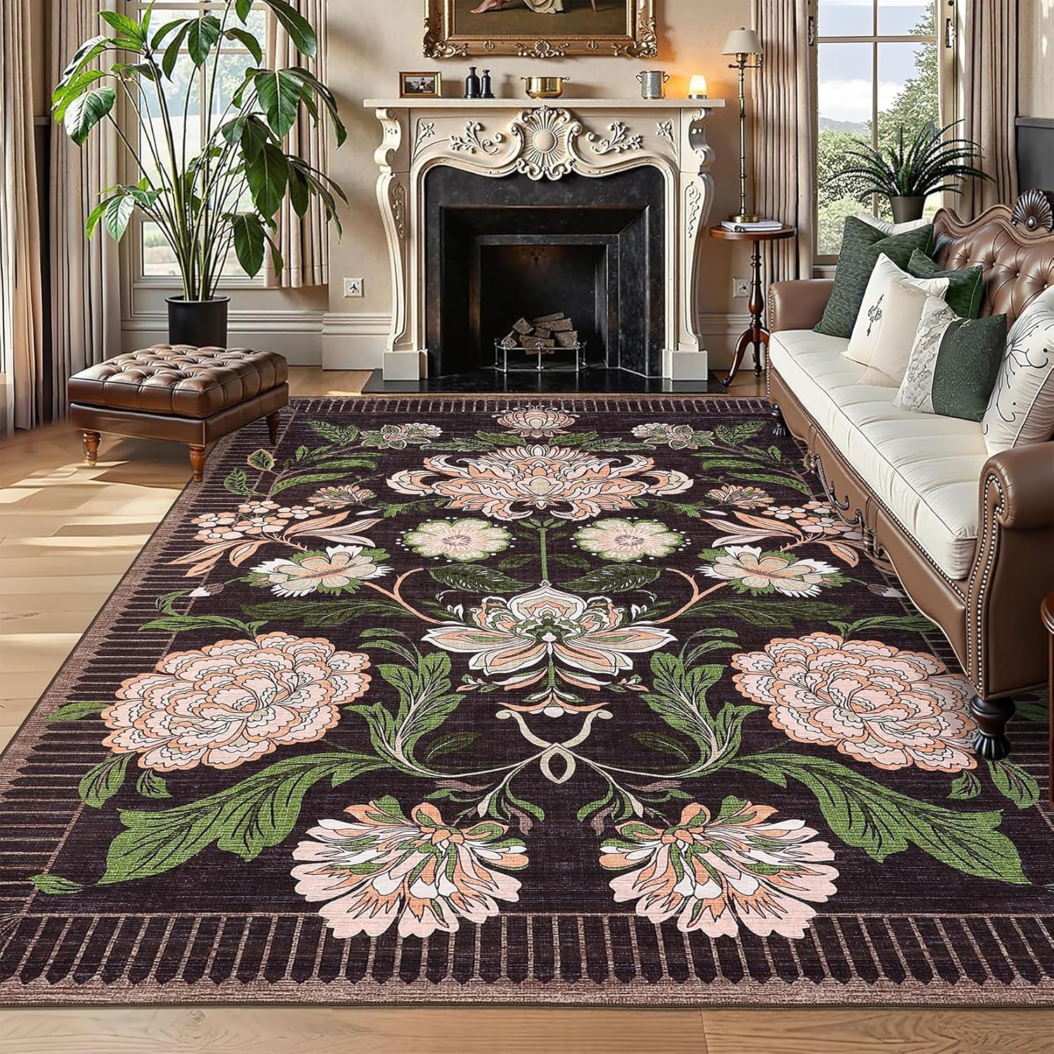 garveehome plum pink floral botanical washable 8x10 area rug for living room soft black purple vintage boho cottage large rugs low pile carpet for bedroom dining nursery rug 8' x 10' (rectangular) deep blackened plum