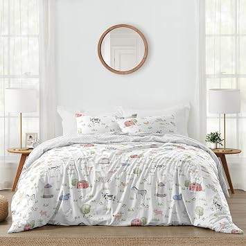 Sweet Jojo Designs Farm Animals Boy Girl Full/Queen Size Kid Childrens Bedding Comforter Set - 3 Pieces - Watercolor Farmhouse Lattice Horse Cow Sheep Pig