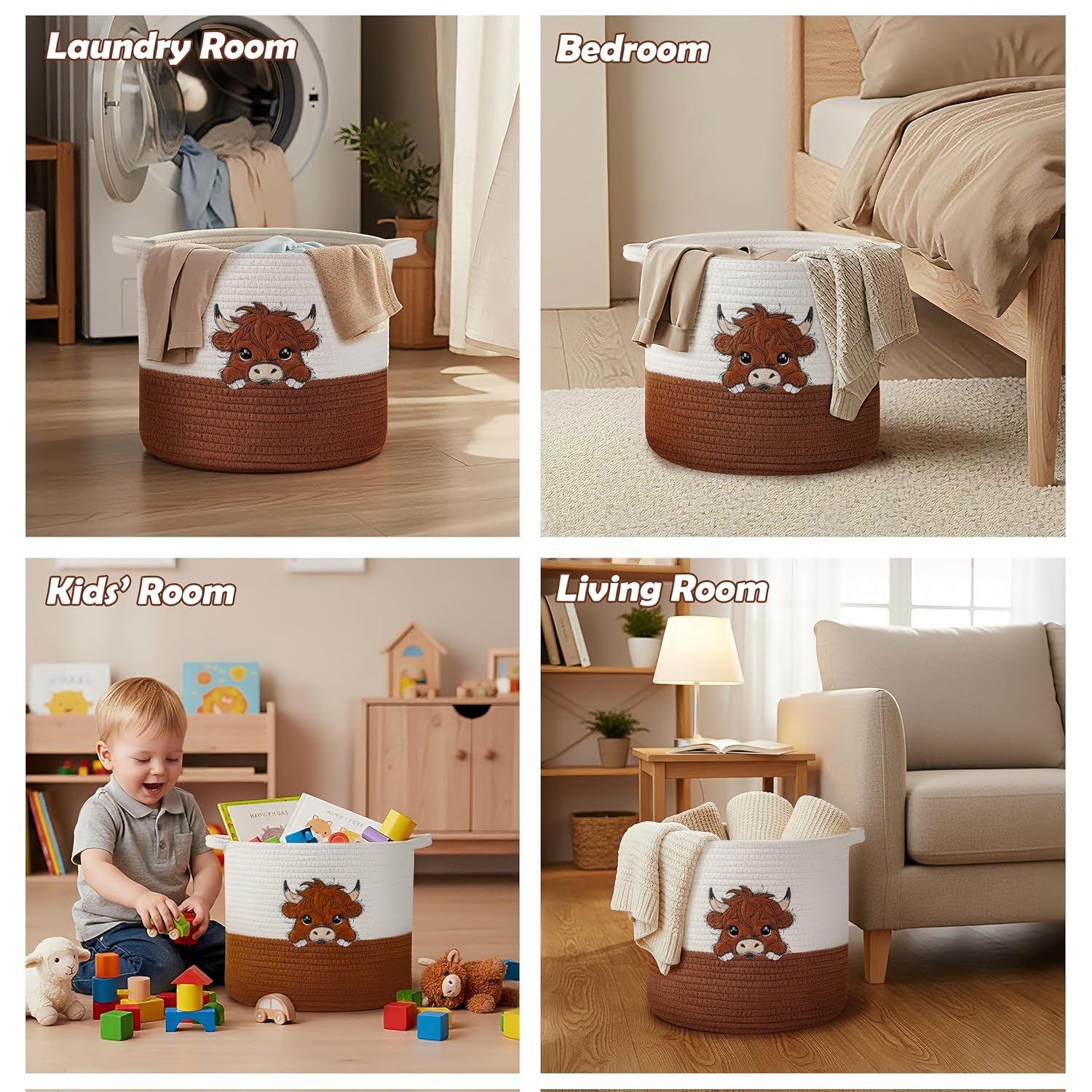 Highland Cow Cute Basket for Nursery, Woven Cotton Rope Storage Basket for Kids, Baby Blanket Organizer with Handles, Storage Basket for Blanket Towel Toys Clothes, Highland Cow Decor, Medium image 5