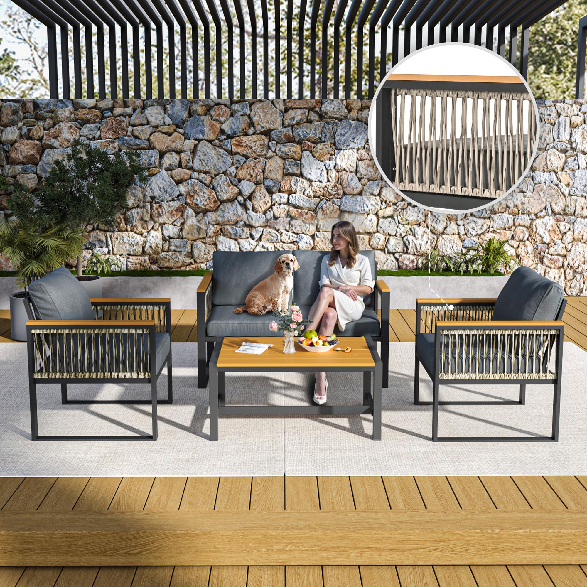 Pamapic 4 Pieces Outdoor Patio Furniture Set with Wicker Handrails, Plastic-Wood Balcony Furniture with Wicker Arm Panel, All-Weather Metal Patio