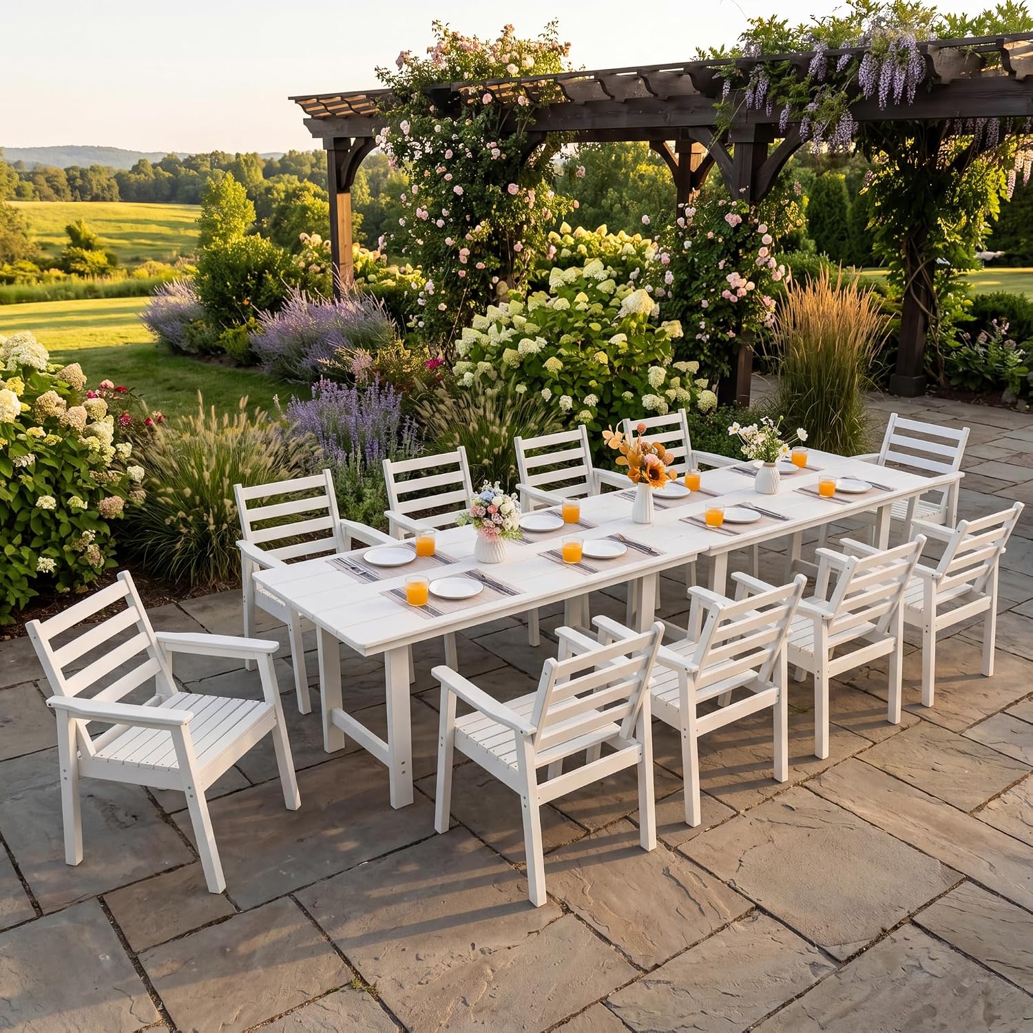 5-Piece Outdoor Dining Set, All-Weather HDPE Patio Furniture, 66.5" Slatted Table with 1.6" Umbrella Hole & 4 Ergonomic Armchairs, Heavy Duty 350lbs Capacity, UV Resistant, Black