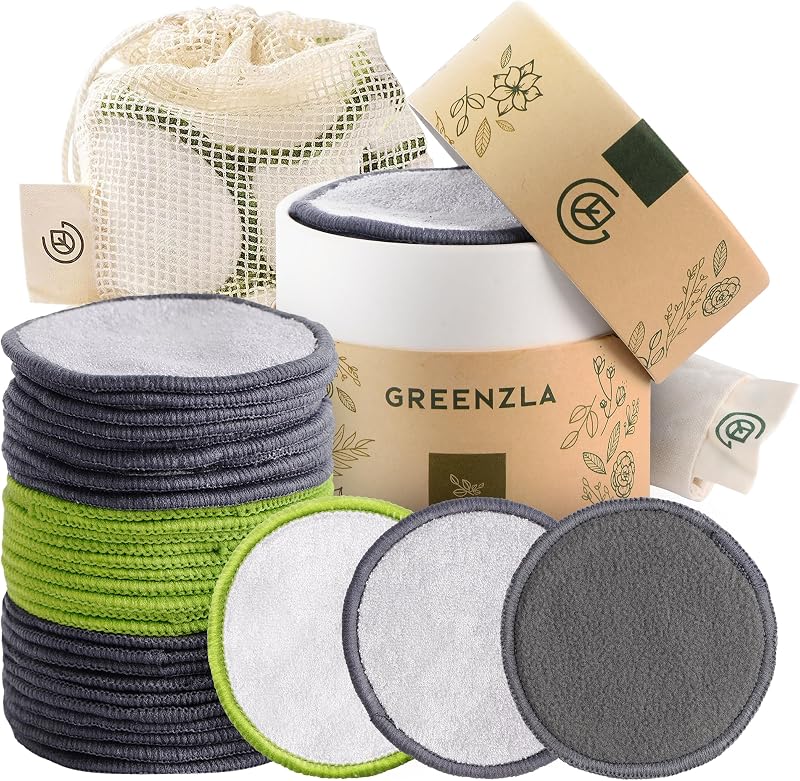 GREENZLA Reusable Makeup Remover Pads | 30 Pack | Bamboo Cotton Rounds | 10 terry + 10 cotton + 10 charcoal pads | Travel pouch, pad holder & laundry bag included