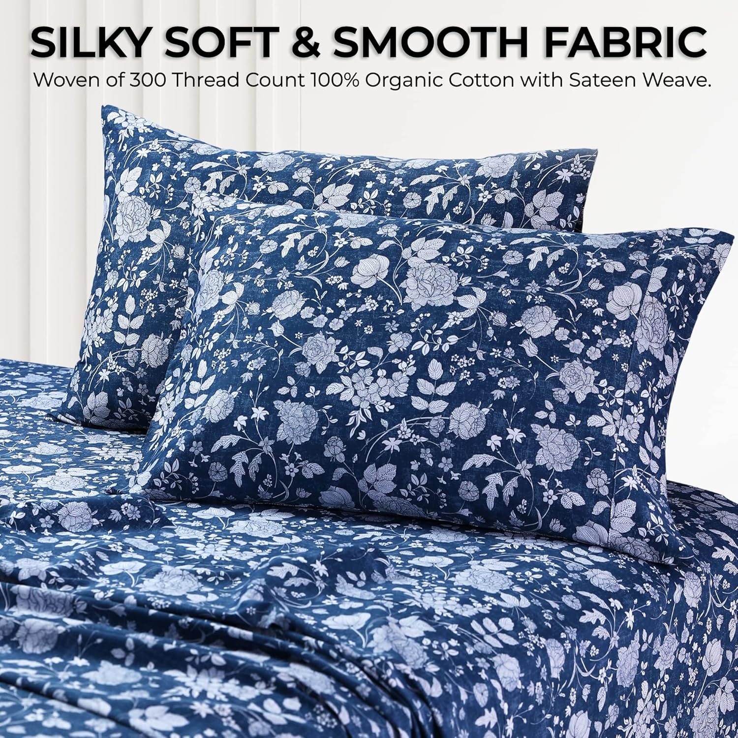Azores 300 Thread Count Organic Cotton Deep Pocket Bed Sheet Set, Fits up to 19 Inch Mattress - Twin XL, Kate/Dark Blue