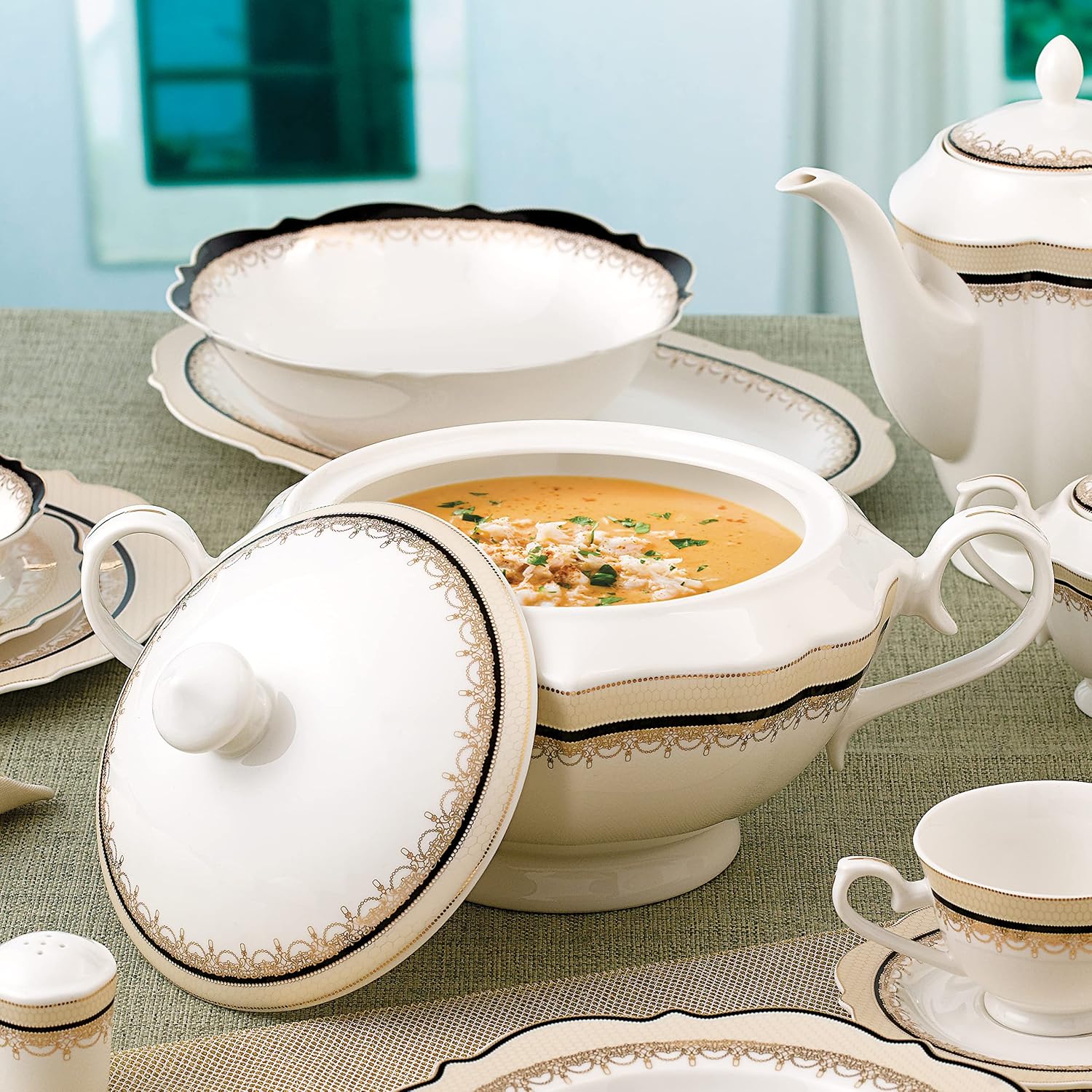 Lorren Home Trends La Luna Collection Bone China Souptureen and Lid, Dalilah Design