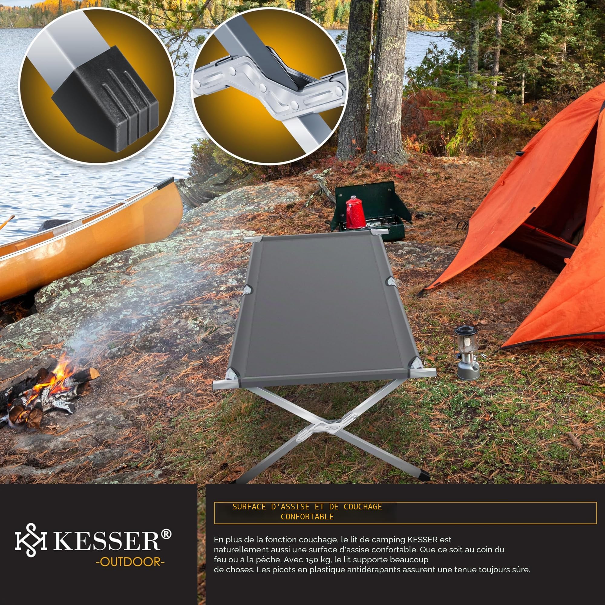 KESSER® Lit de Camping Pliant avec Sac de Transport et Poche latérale 210 x 73 x 45 cm Charge maximale 150 kg Tube métallique 600D Tissu Oxford Portable Chaise Longue de Voyage Confortable avec Sac