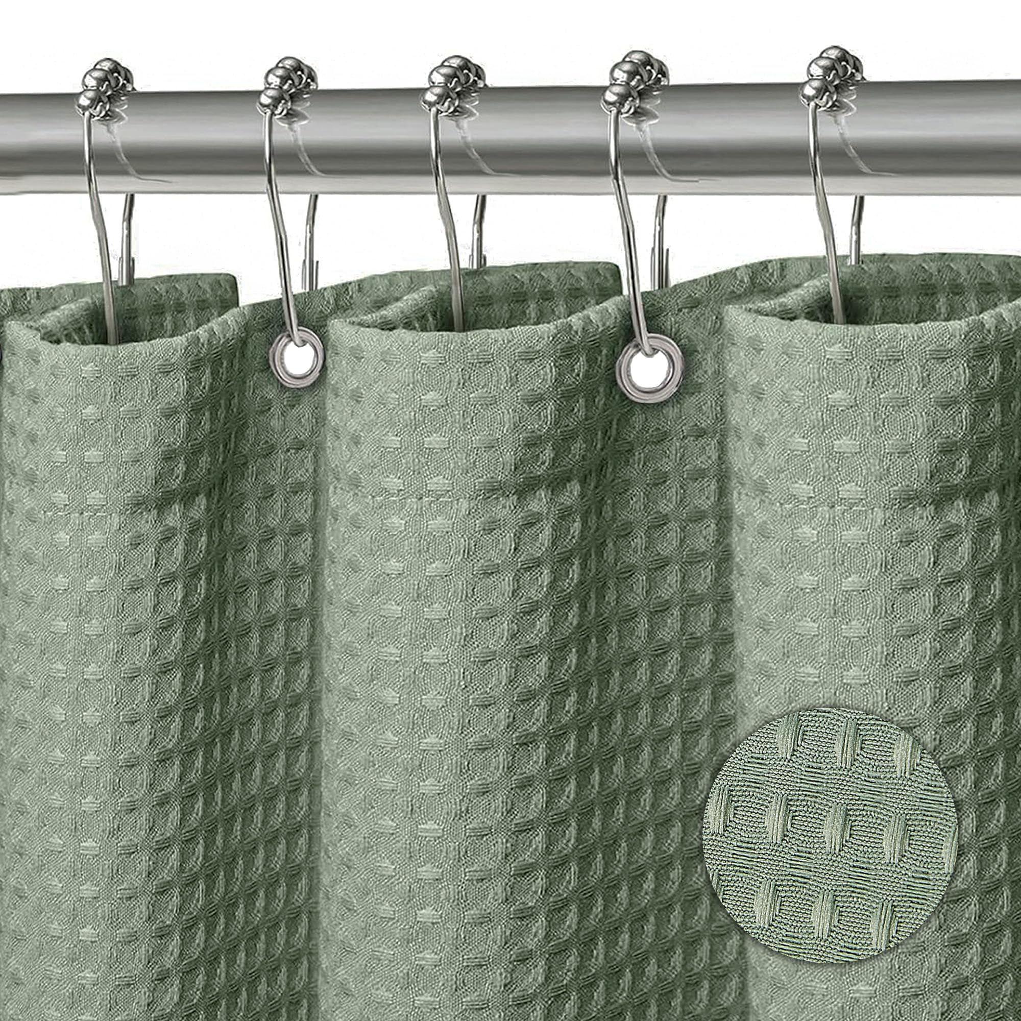 KAIMEIYU Shower Curtain Polyester Bath Curtains Heavy Duty with 12 Metal Hooks Bathroom Curtain Washable Waterproof for Bathtub and Bathroom 180 x 200 cm Waffle Design Green