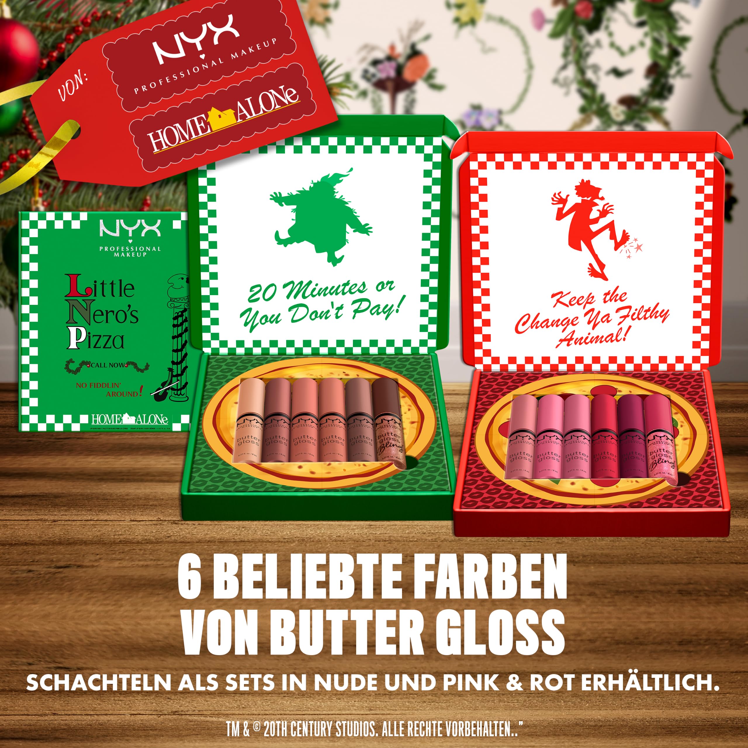NYX Professional Makeup Home Alone Lipglosse in Pizzaschachtel, Mit glänzendem Finish und nicht klebriger Formel, Butter Gloss Pizza Vault, 6 Stück, 5 Pink-/Rottöne und Butter Gloss Bling