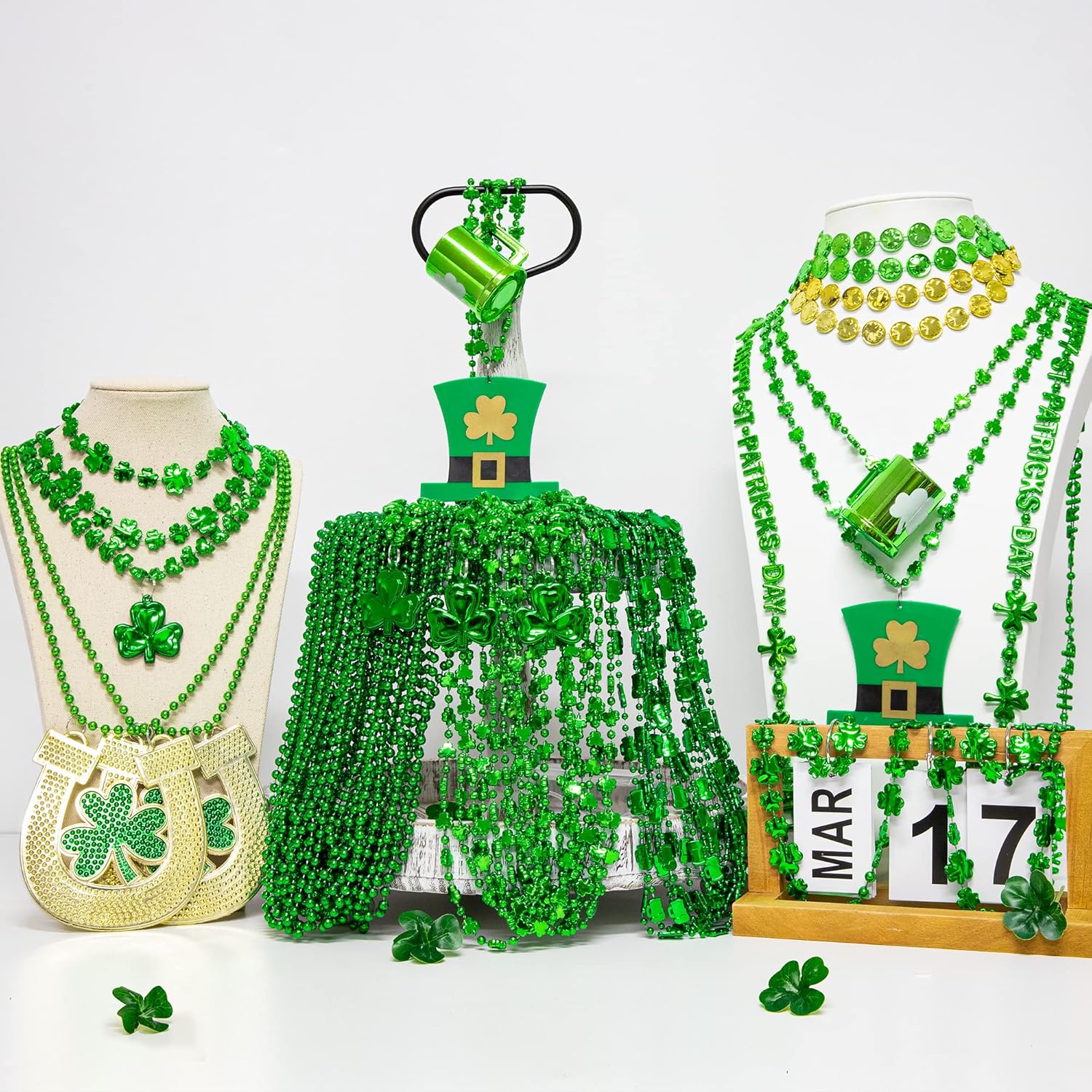 EOBOH 100PCS St. Patricks Day Necklace, 10 Kinds of St Patricks Beads Accessories, Irish Shamrock Beer Mug Coins Pendants Beads, St Patricks Necklaces Bulk for Parade Party Supplies Favors