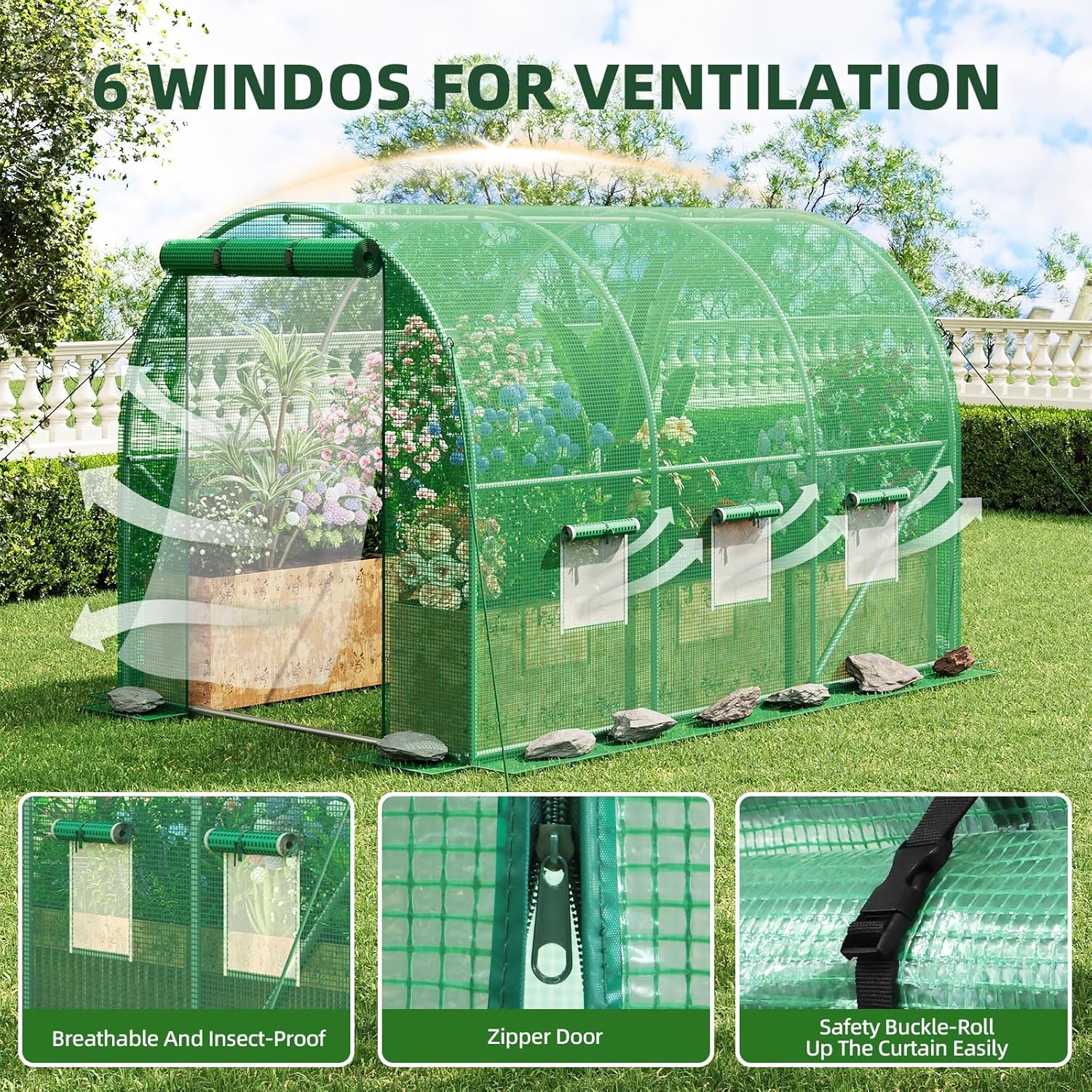 Superlele 10x7x7FT Tunnel Greenhouse for Outdoors, Heavy Duty Walk in Greenhouse, Large Garden Green House with Reinforced PE Mesh Cover, 6 Windows with Screen, Stakes and Ropes, Green