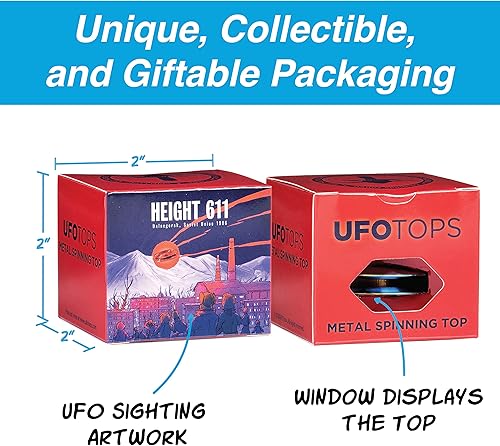 Miniatura 4 de Tops OVNI - Altura 611  Top giratorio de metal  Inspirado en el incidente OVNI de la Unión Soviética de 1986  Cuerpo OVNI de aluminio plateado