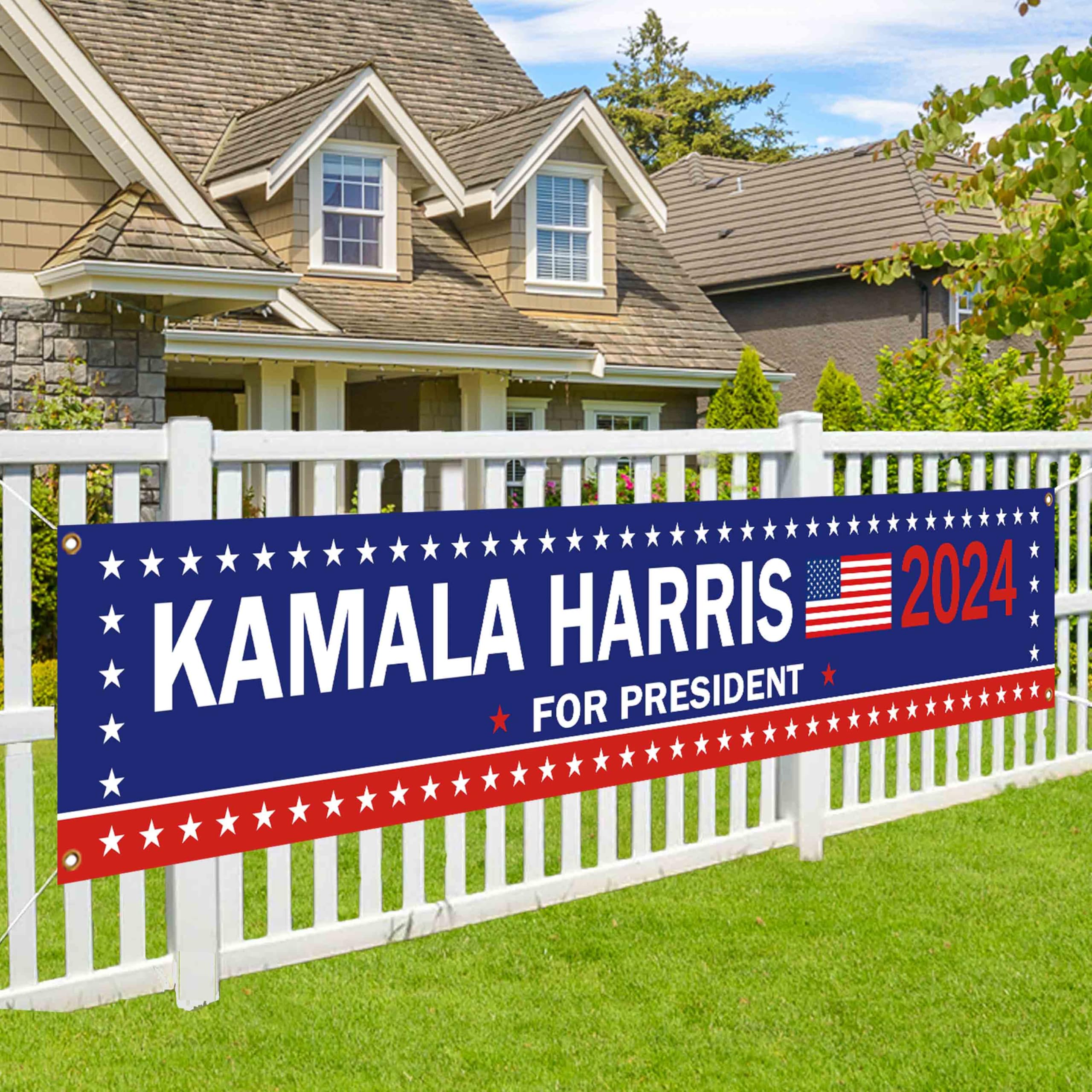 Amazon.com: Kamala Harris 2024 年大橫幅- 藍色卡馬拉哈里斯人民旗幟橫幅- 花園標誌- 室內/室外懸掛裝飾- 8.2 x  1.6 英尺: 露臺、草皮與花園