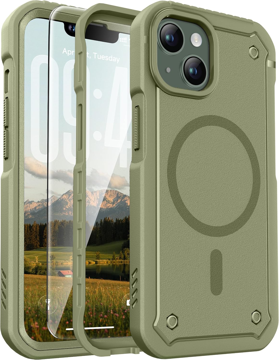 ORETECH Magnetic for iPhone 13 Case with [2 x Screen Protector],[Compatible with Mag-Safe], Heavy Duty Dual-Layer Rugged Protection Shockproof Anti-Scratch Phone Cover-Khaki Green