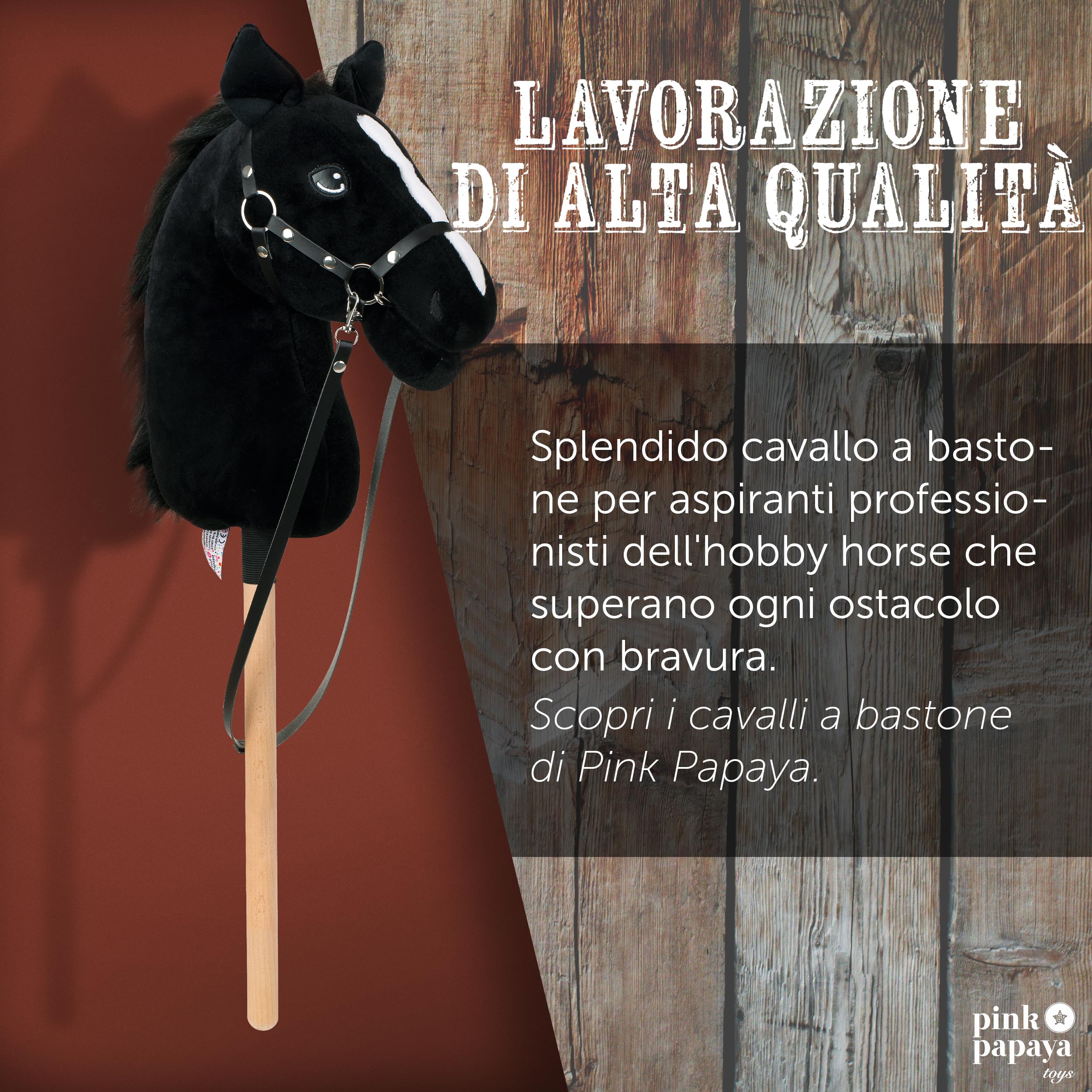 Pink Papaya Cavallo a Dondolo, con Cavezza e briglie, Cavallo a Bastone per l'hobby Horsing, Cavallo da Cavalcare per Bambini.