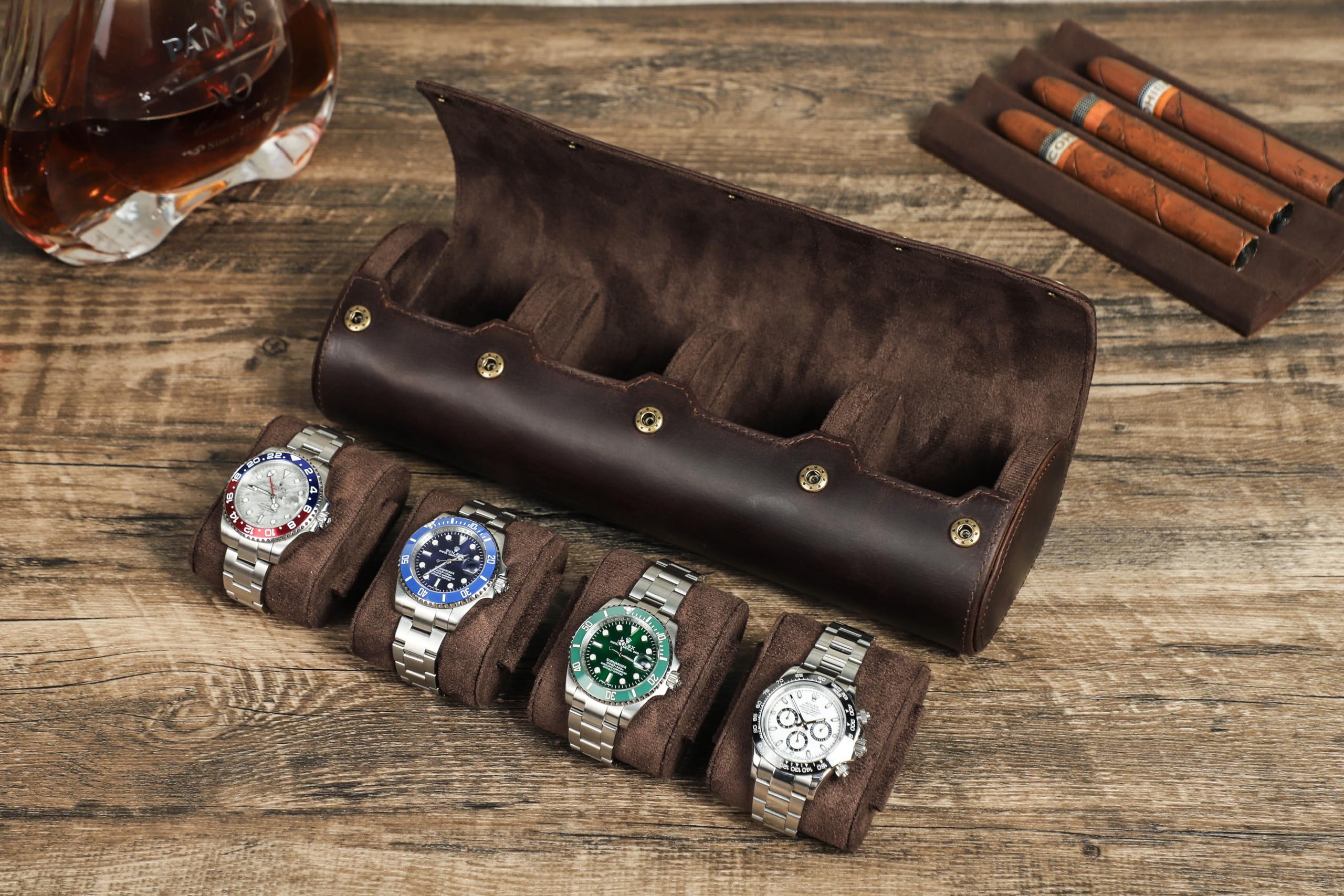 Porta Orologi Uomo, Scatola per Orologio Cilindrico a 4 Slot, Porta Orologi da Viaggio, Custodia Rotolo Portaorologi Portatile Scatola in Vera Pelle, Marrone