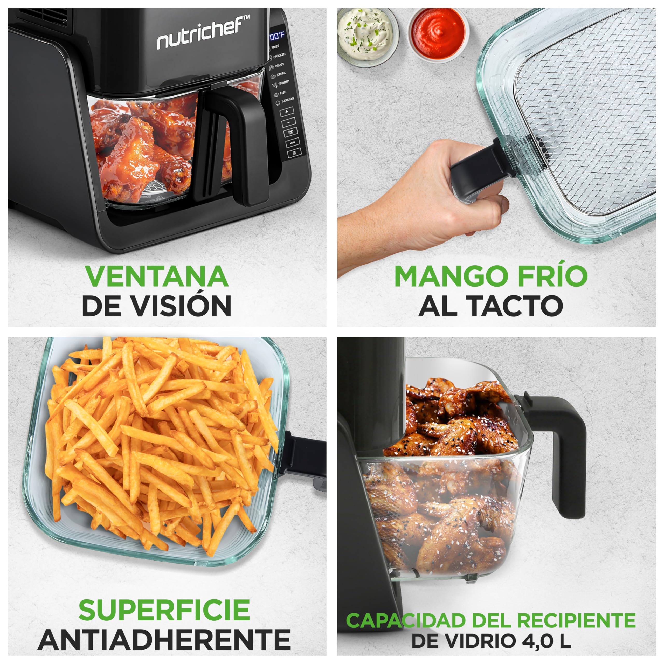 Nutrichef freidora de aire de 3.8L y grill de 1L, 7 modos de coccion preestablecidos, Tazon transparente