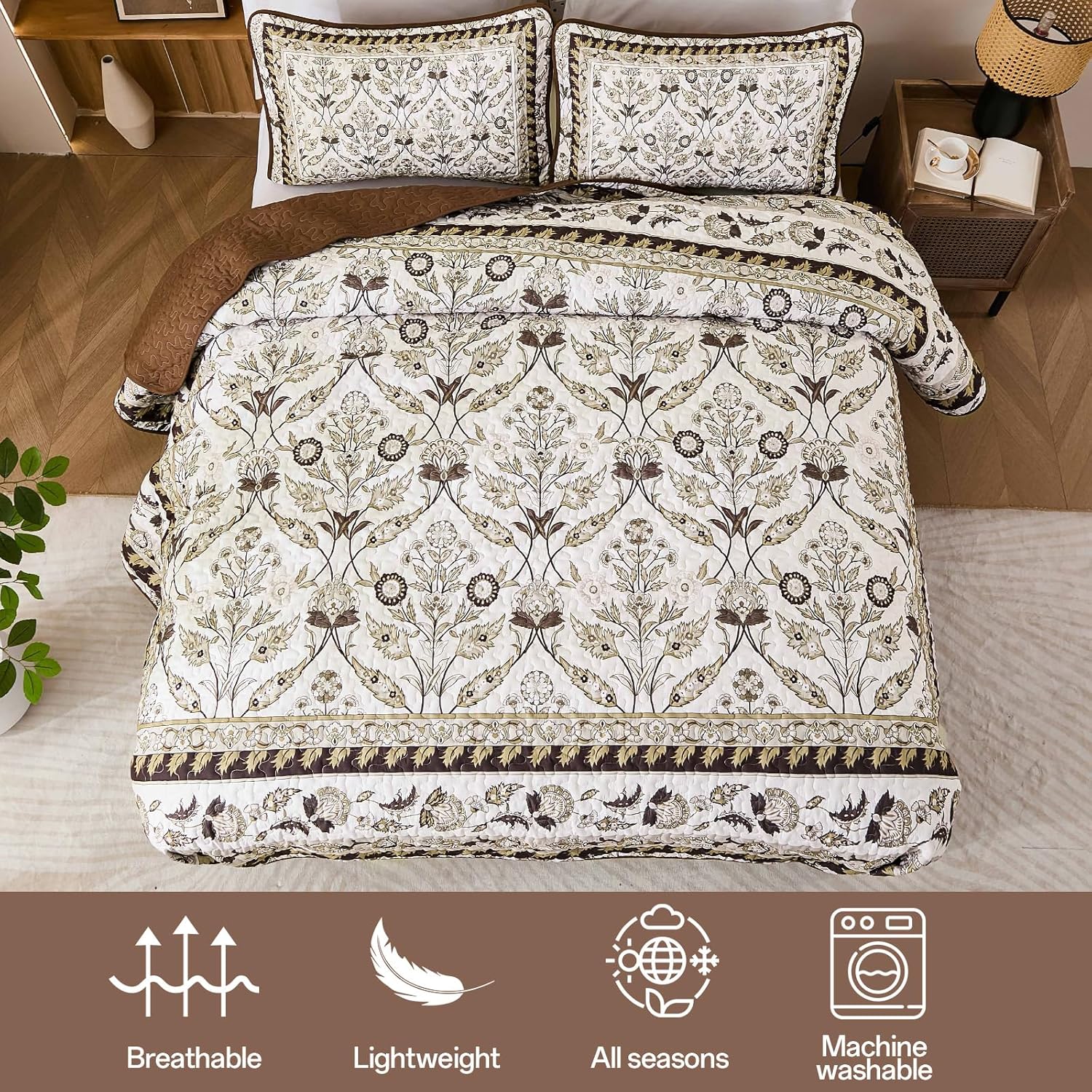 DJY King Size Quilt Sets, Brown Floral Quilt Set King 3 Pieces Boho Bedspread Coverlet Set with 2 Pillowcases Soft Lightweight Microfiber Bedding for All Season (104"x90") - Image 5