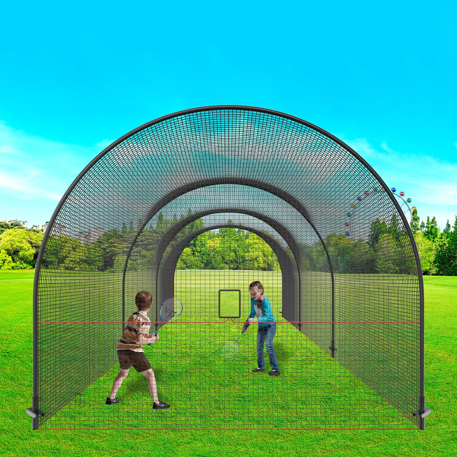 VEVOR Baseball-Schlagkäfig-Netz mit Rahmen und Netz 12 x 3,6 x 3,6 m, Baseballkäfig-Netz zum Schlagen und Aufstellen, Baseballnetz, Schlagkäfig für Jugendliche oder Erwachsene Schwarz Hinterhof