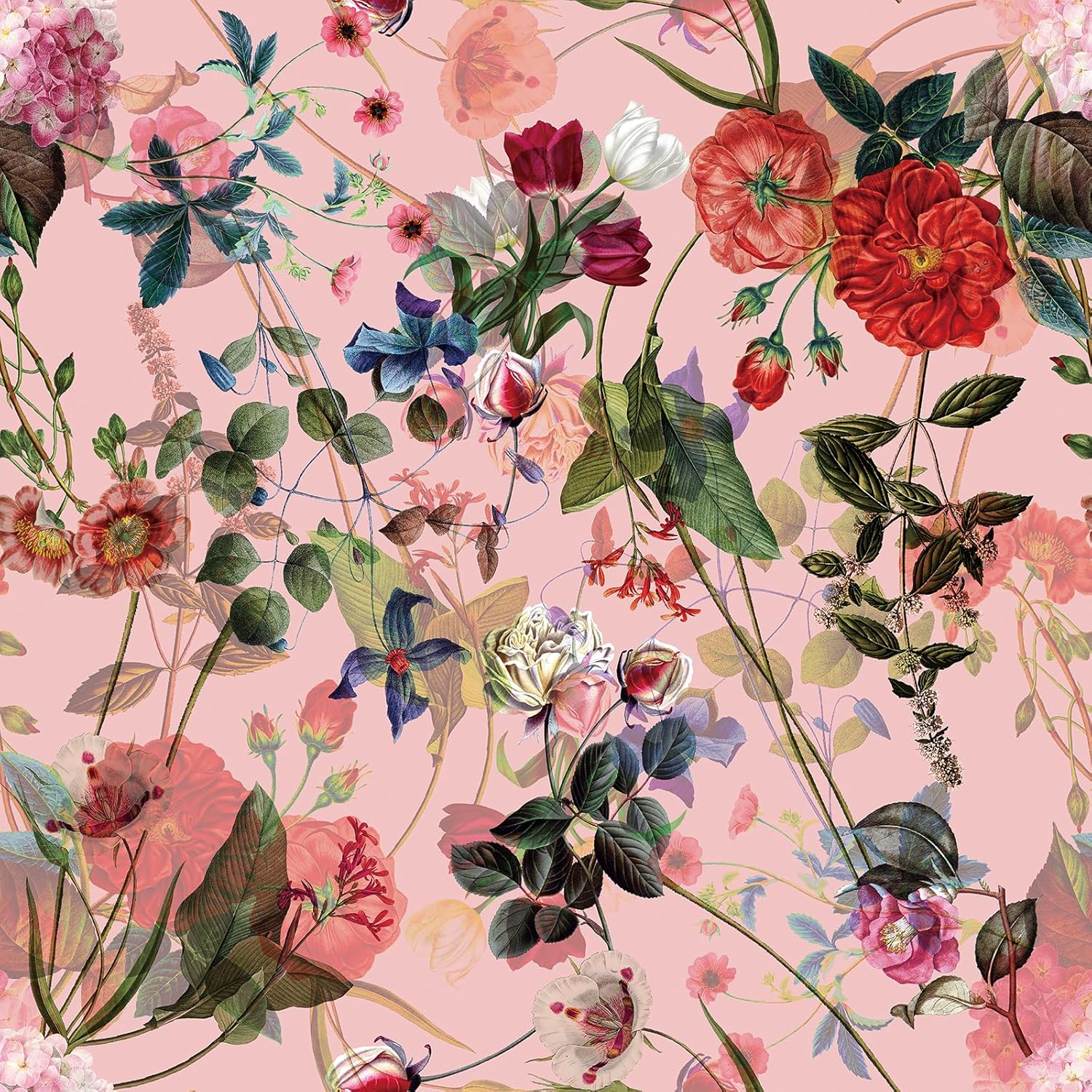 Pink and Green Floral Wallpaper Peel and Stick Botanical Nature Red Blue Hot Pink Colorful Floral Contact Paper for Cabinets Self Adhesive Flower Wallpaper for Girls Bedroom Flowers 17.5x80