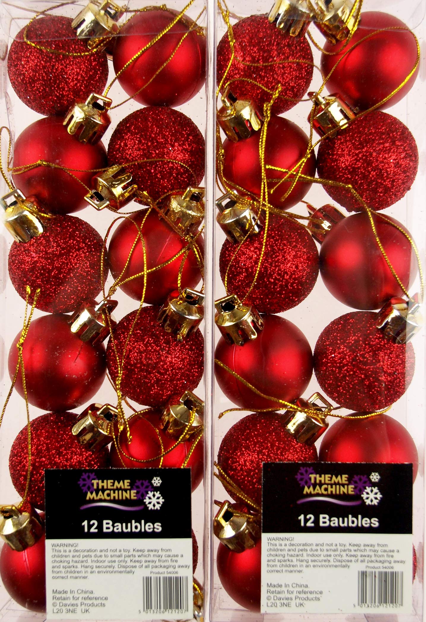 Theme Machine Red Set Of 24 Mini Christmas Shine Glitter Tree Baubles Decorations - Deep