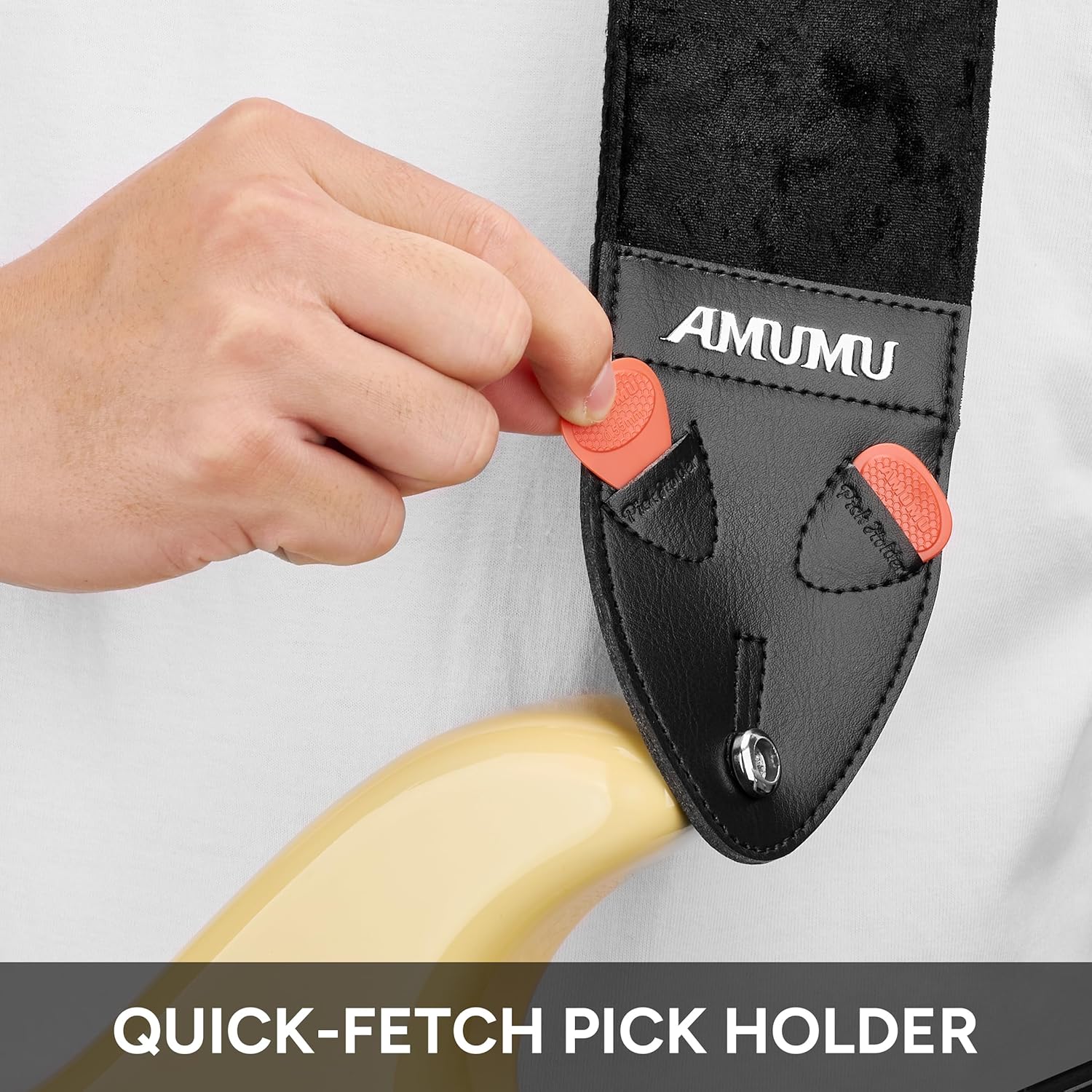 Amumu 3" Flocked Velvet Guitar Strap with Microfiber Leather Ends - Fits Acoustic, Bass and Electric Guitar - Black