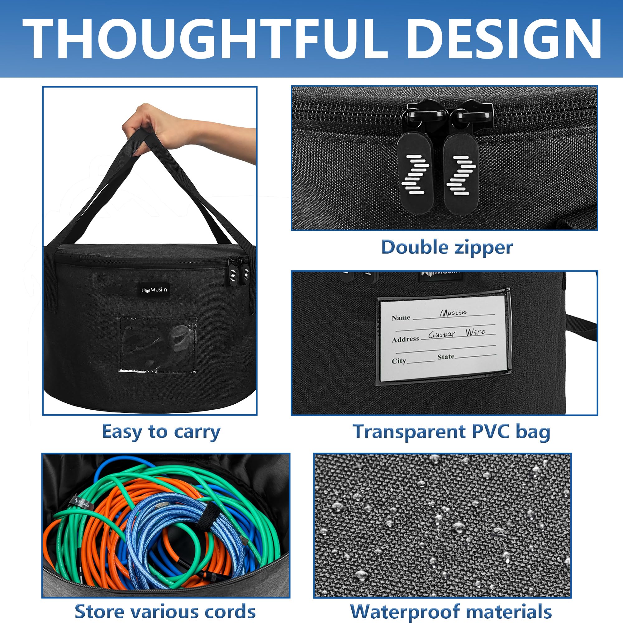 Musiin Borsa per accessori per chitarra, basso, tastiera, cavi e adattatori multifunzione rotondo, tasca interna in rete per connettori, organizer per attrezzi musicali comodo ed elegante., Nero