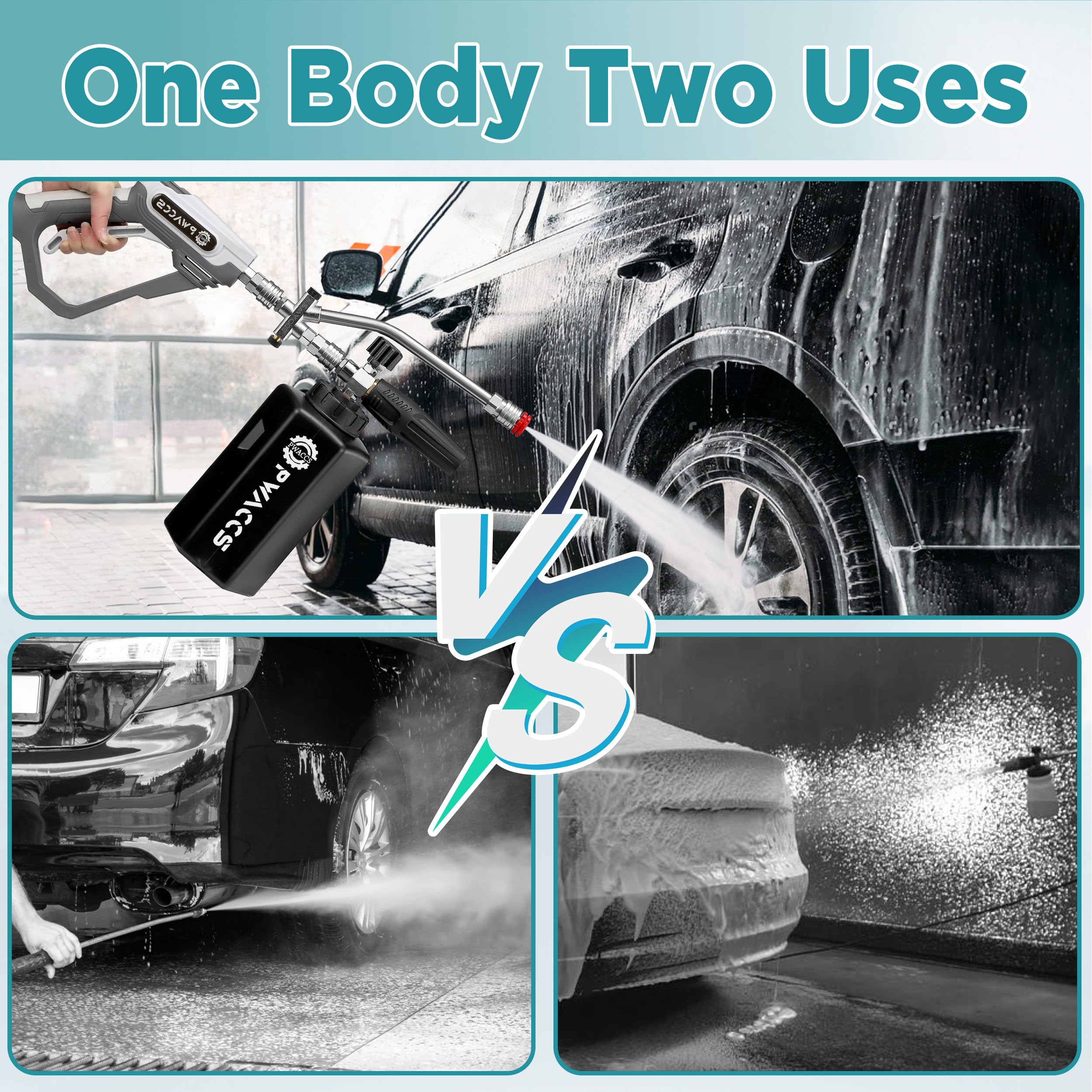 PWACCS Pistola de espuma para hidrolimpiadora con accesorio de doble conector, pistola de lavado a presión corta y kit de lavado de coche de doble punta, conector rápido de 1/4", entrada macho M22