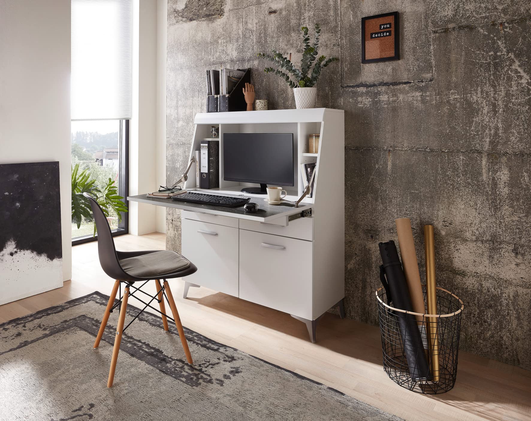 Stella Trading SECRET, Secretaire scrivania cassettiera in stile bianco opaco /bianco, Scrivania per computer salvaspazio con cassetti, 98 x 124 x 42 cm (larghezza x altezza x profondità)