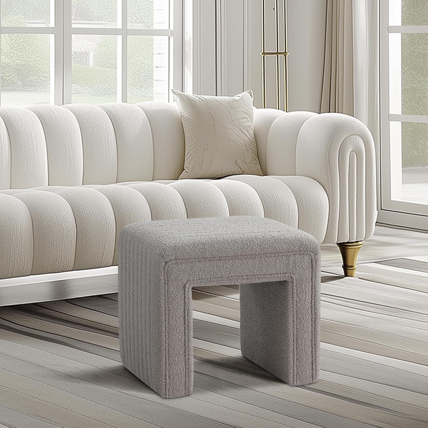 Vanity Stool Chair - Modern Boucle Ottoman Foot Stool with Wooden Legs, Upholstered Sofa Bench for Makeup Room, Living Room, Entryway, Office (Fully Assembled) (Taupe)