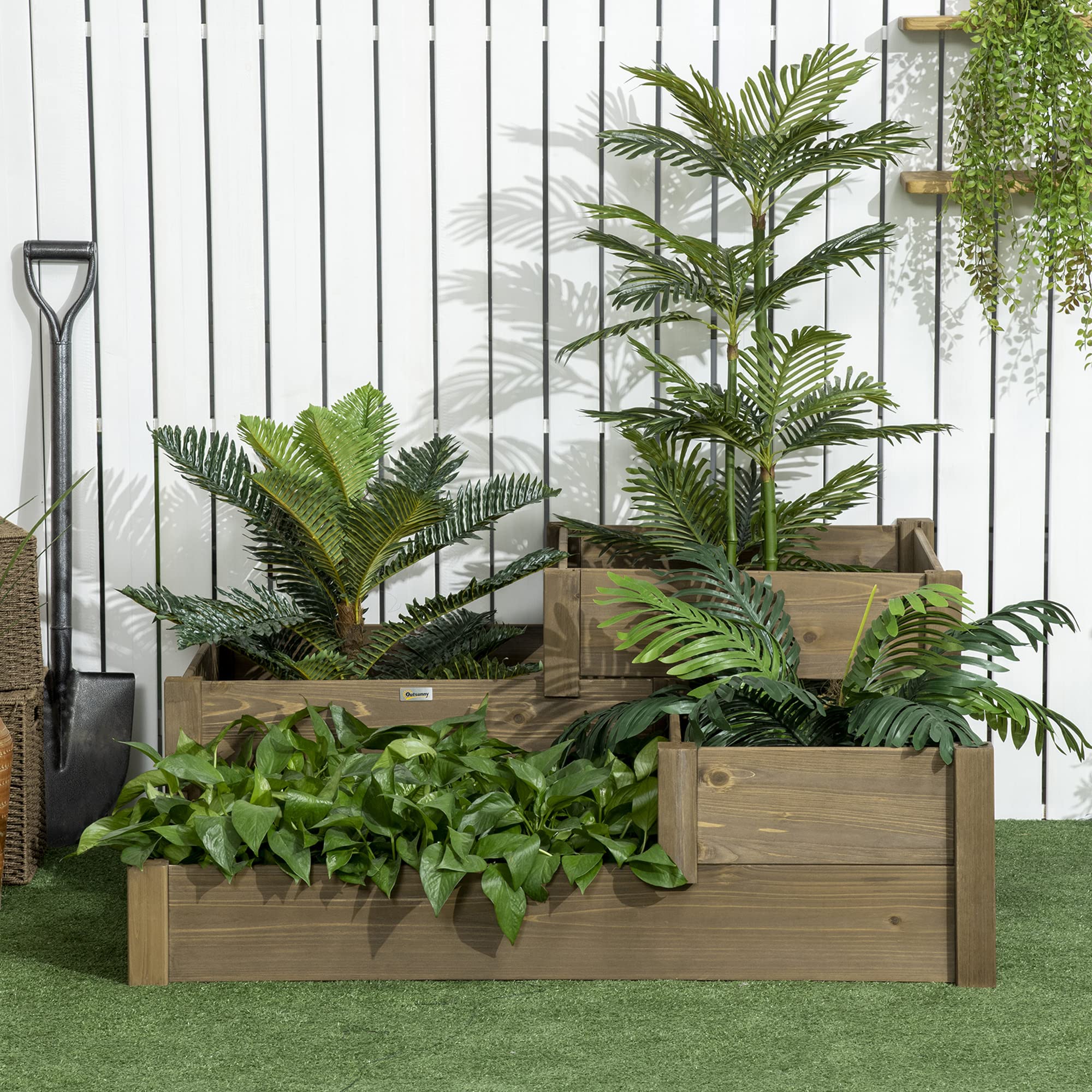 Outsunny Bac à légumes surélevé Bac à fleurs avec 3 niveaux, bac à plantes pour herbes aromatiques sur la terrasse et le balcon, bois de sapin, brun, 122 x 122 x 51 cm