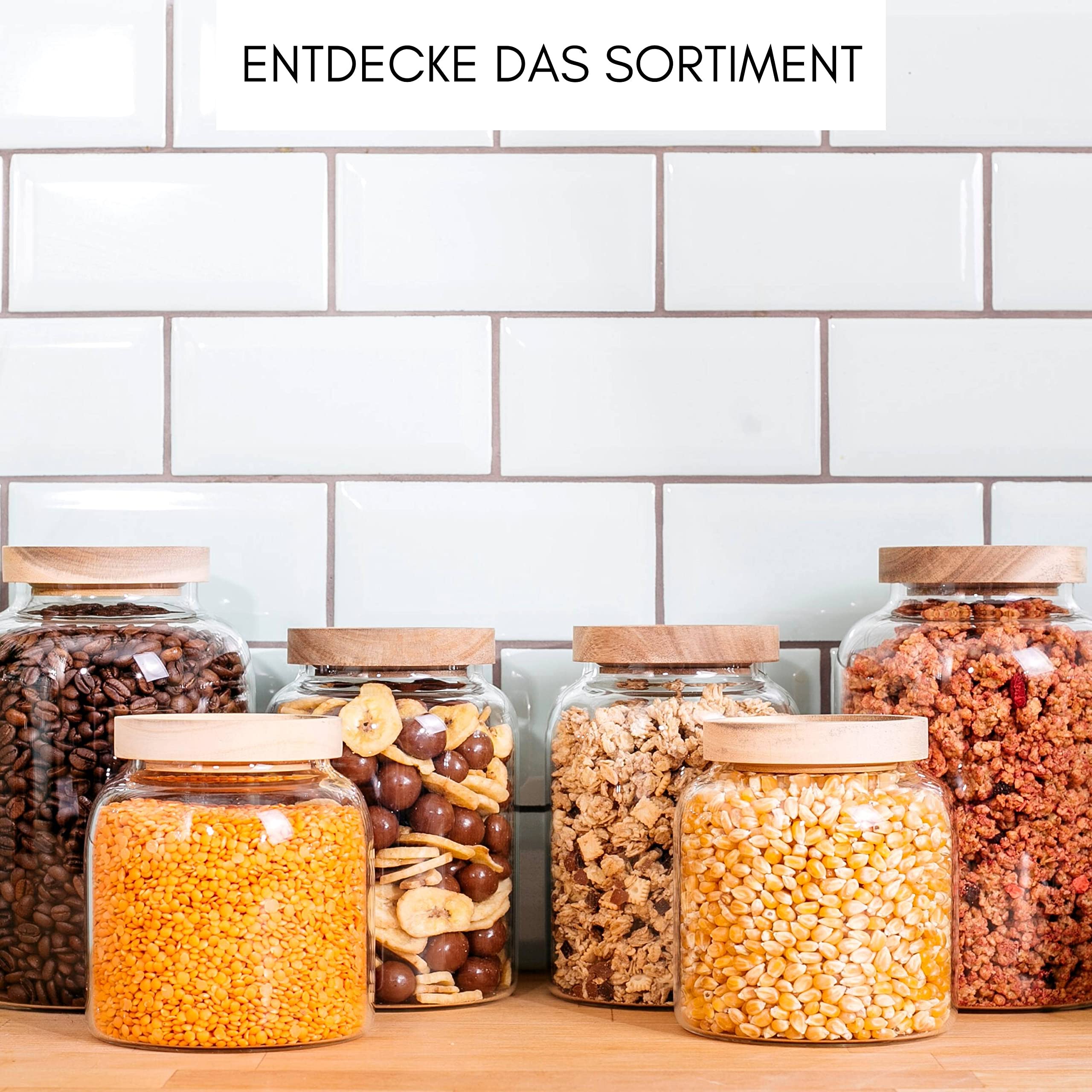 Econovo® Tarros de almacenamiento con tapa (2 piezas) 1200 ml, tarros de cristal con tapa de madera, herméticos, recipientes de almacenamiento para alimentos, grandes y pequeños