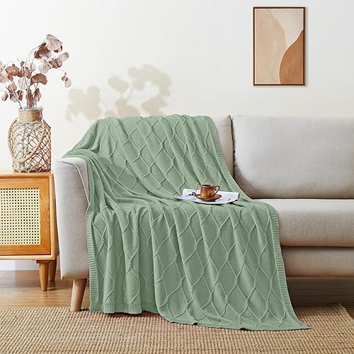 Aormenzy Manta de punto trenzado 100% algodón verde salvia, 60 x 80 pulgadas, manta de gran tamaño para cama, sofá y sofá