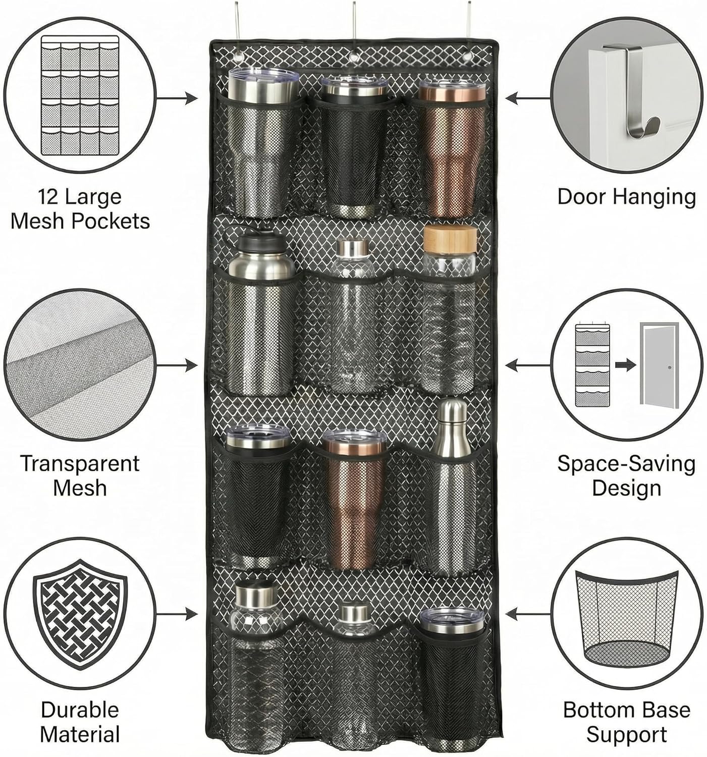 Water Bottle Organizer over the Door Cup Holder with 12 Large Pockets and Reinforced Bottom Tumbler Organizer Clear Mesh Cup Storage for Kitchen Pantry Cabinet Door Wall 41"×17" - Image 8