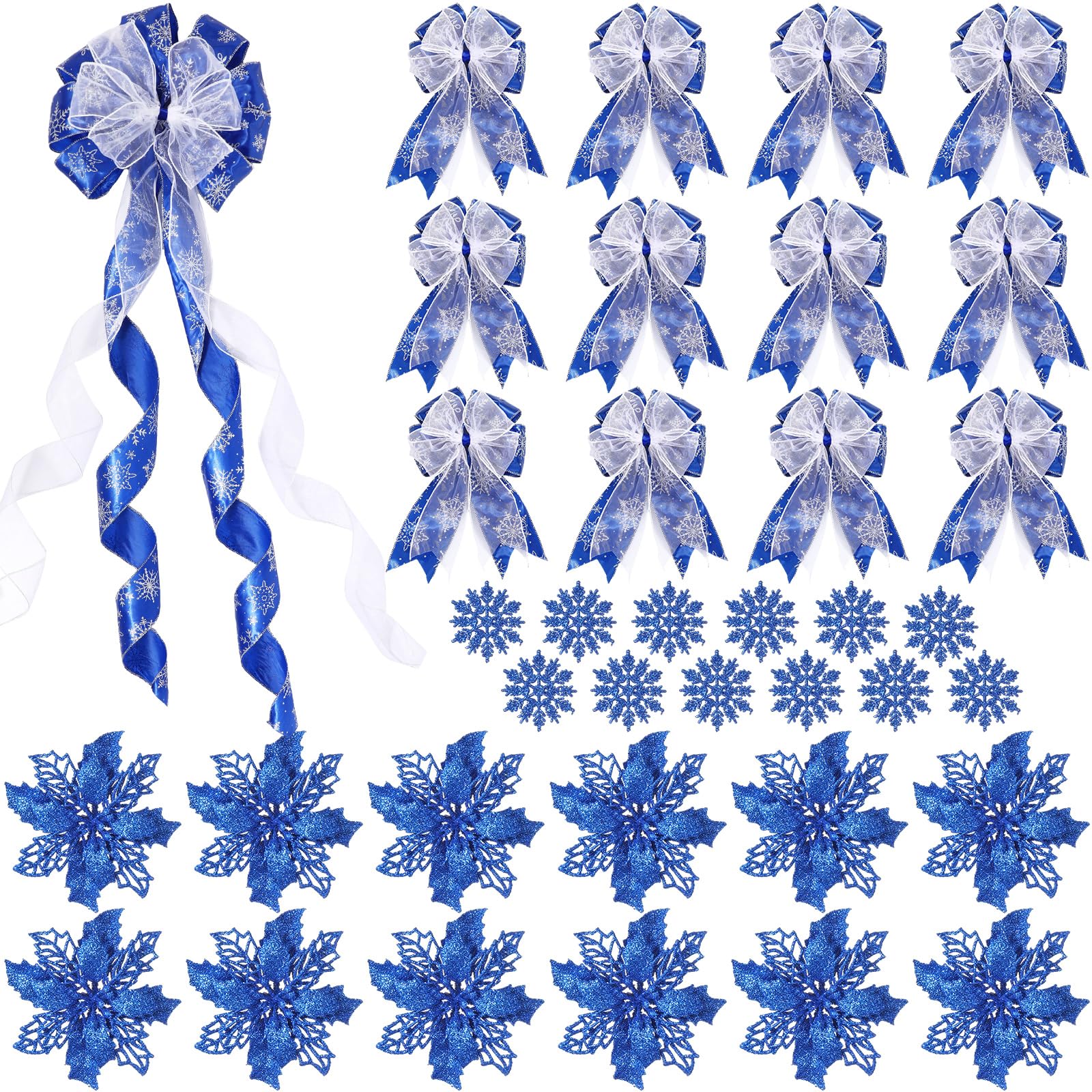 Zeyune 37 Pcs Christmas Tree Decoration Set with Large Christmas Decorative Bow Topper 12 Glitter Poinsettia Flowers 12 Plastic Xmas Snowflake 12 Ribbon Bow for Holiday Party Ornaments (Blue)