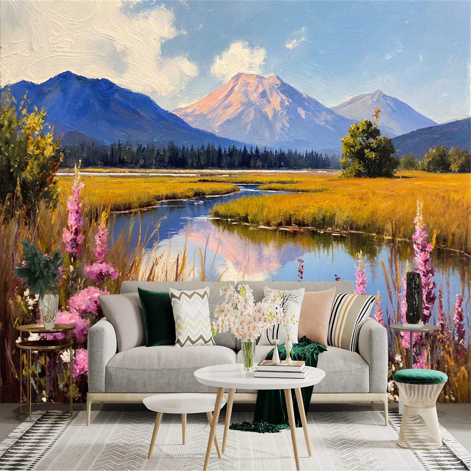 Lnzczhyre Xc260505261 Custom Size Wall Sticker Mural， Oil Painting Of Majestic Mountain Range， Serene Riverbank With Wildflowers， Scenic Valley Landscape， For Wall Decoration， Peelandstick Wall Decals.