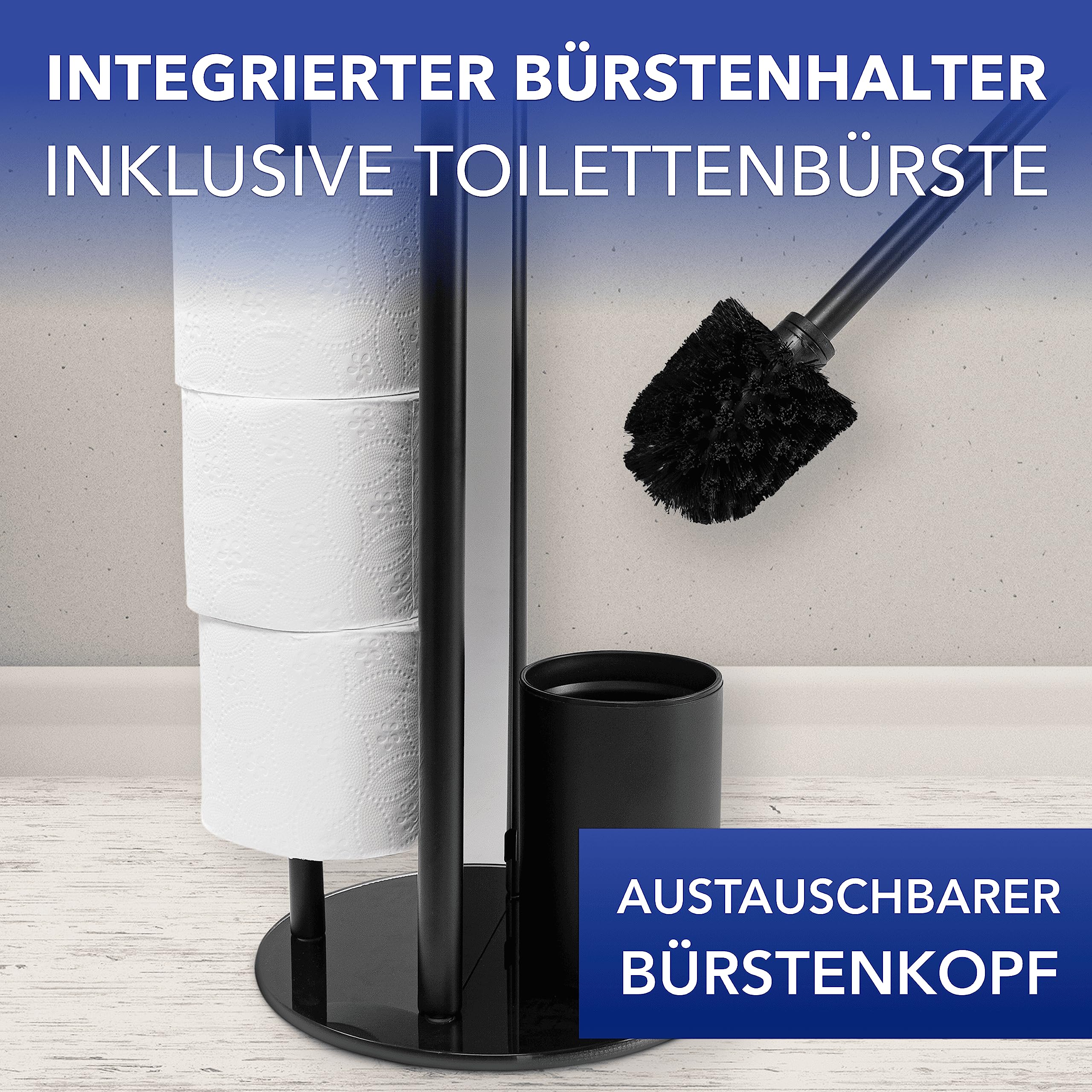 WENKO Stand WC-Garnitur Mod. Ravina 3-in-1 mit Toilettenpapierhalter und Bürstenhalter aus rostfreiem Edelstahl mit schwarzem Design Ø 20 x 70 cm schwarz