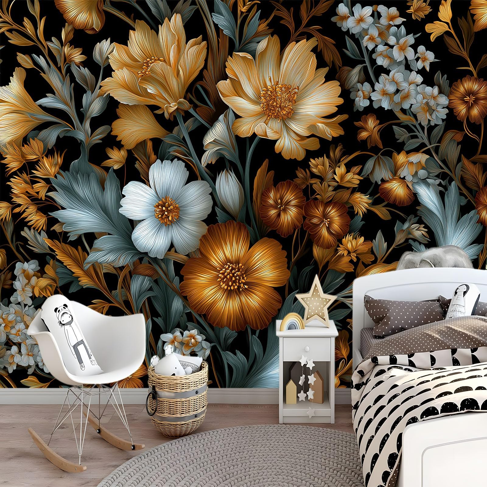 Générique Tapeta panoramiczna 3D w stylu vintage kwiaty rośliny liście ciemnozielona 350 x 256 cm, tapeta z włókniny - fresk ścienny do salonu, sypialni i biura, dekoracja ścienna druk HD