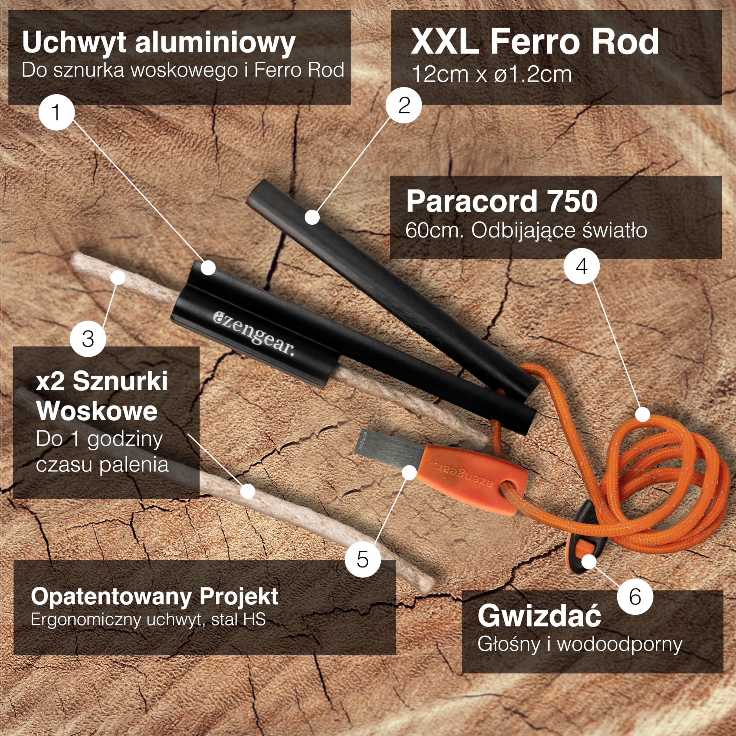 aZengear Camping Bushcraft Flint Steel Pro Fire Starter, XXL Ferro Rod, HSS Striker, Tinder Wick Rope, Paracord, wodoodporny zestaw survivalowy na świeżym powietrzu