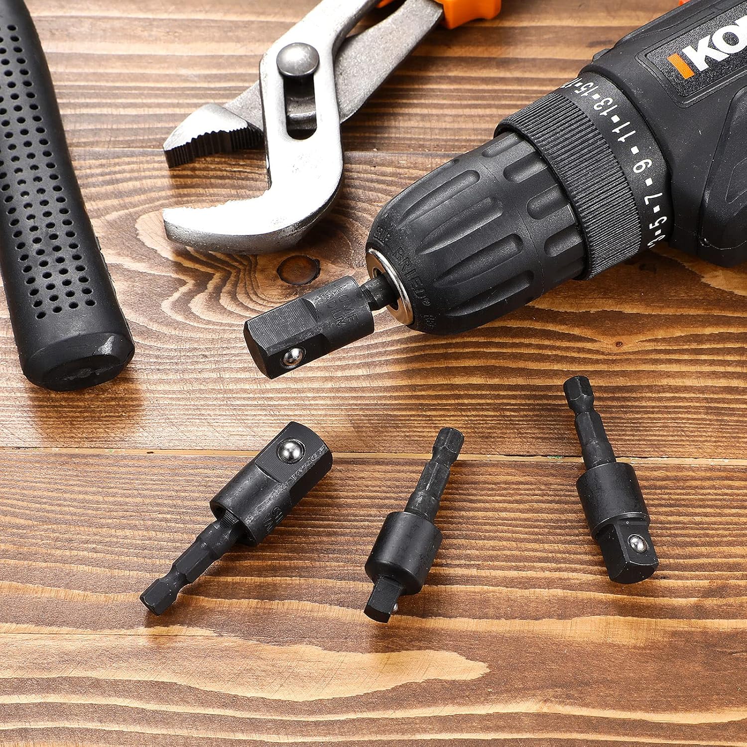 Honoson 6 Pieces Power Drill Sockets Adapter Set Impact Driver Wobble Socket Adapter 360 Degree Rotatable Hex Shank Impact Driver Socket Drill Bits 1/4, 3/8, 1/2 Inch, Black