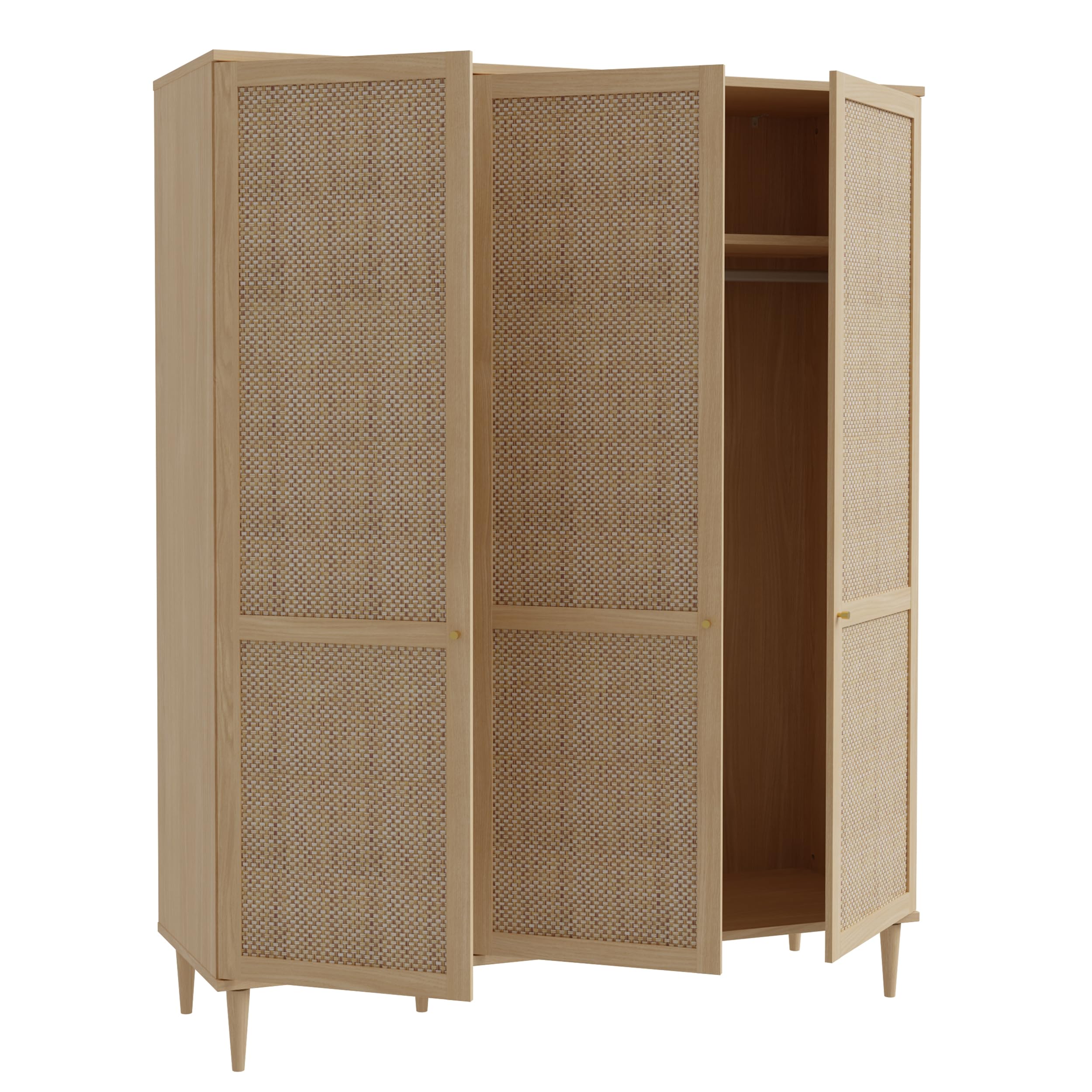 FORTE Calasetta Armadio 165 cm stile boho intrecciato viennese armadio con 3 ante appendiabiti in legno decorazione: Elegancia Rovere/Technorattan, 165 cm di larghezza x 208 cm di altezza x 52 cm di