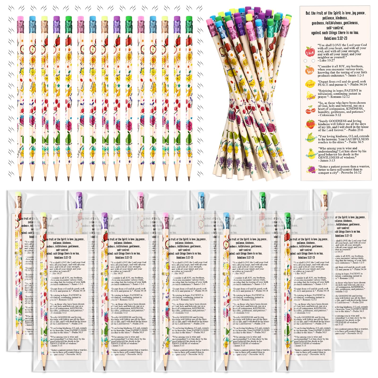 Dunzoom 45 Set Easter Fruits of The Spirit Gift Fruit Scented Pencil with Eraser Christian Bookmark Religious Sunday School Prize Christian Holy Week