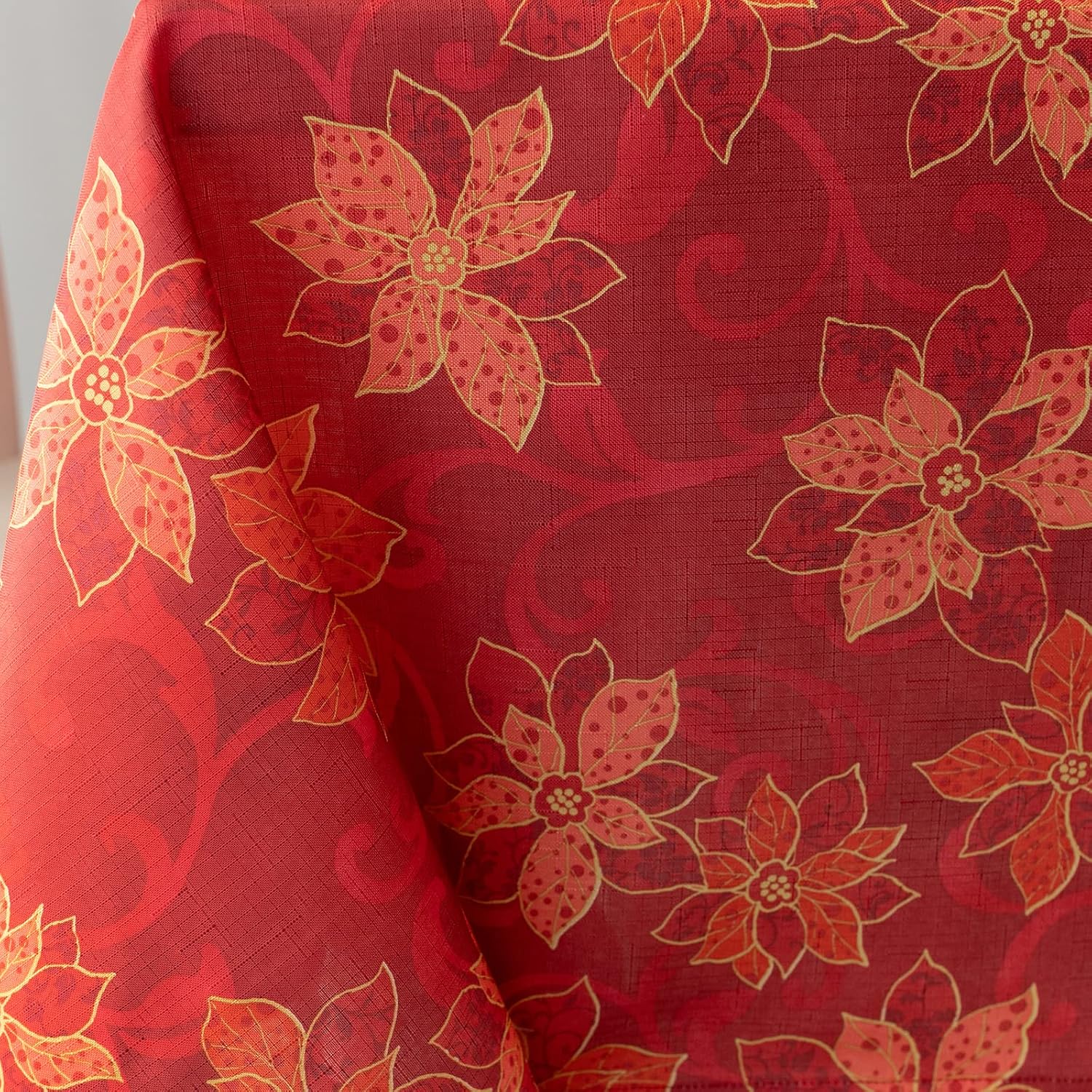 Benson Mills Poinsettia Scroll Printed Rectangle Fabric Table Cloth, Winter, Holiday and Christmas Tablecloth (52" X 70" Rectangular, Red)