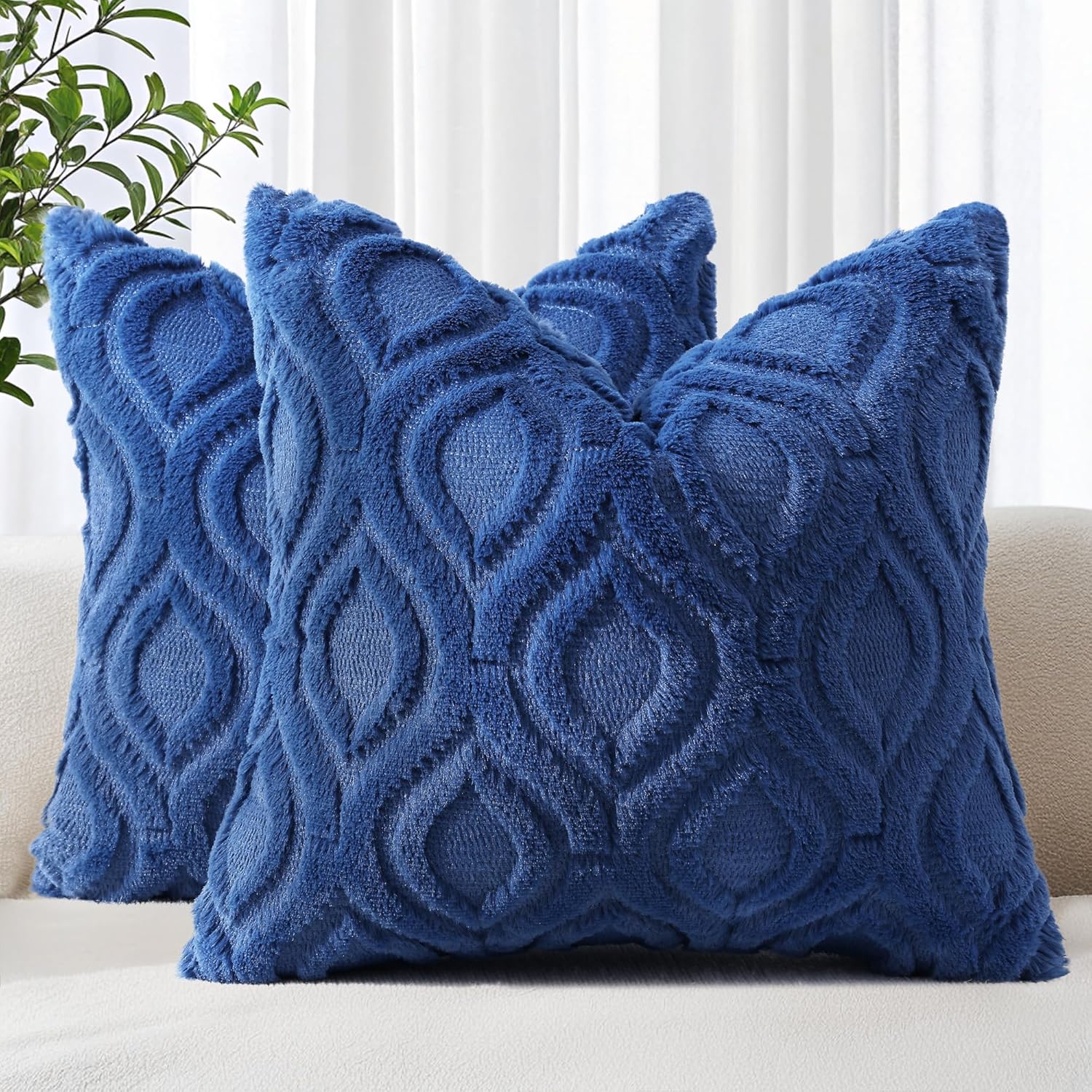 decorUhome Throw Pillow Covers 16x16 Inch Set of 2, Soft Plush Faux Wool Dark Blue Solid Couch Pillow Covers, Accent Farmhouse Neutral Square Pillow Cases for Sofa Bed Living Room Home Decor 16" x 16" (Pack of 2) Dark Blue