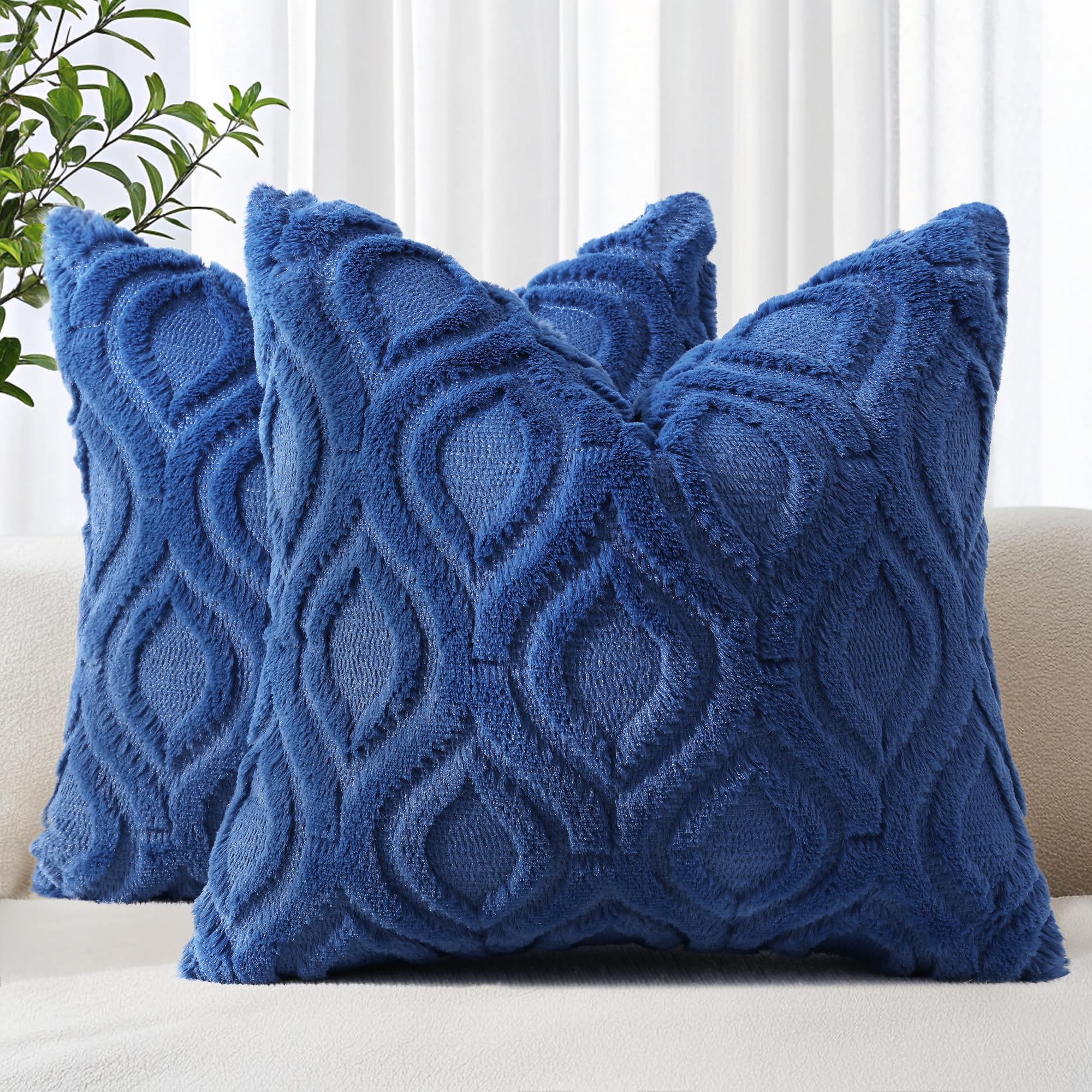 decorUhome Throw Pillow Covers 26x26 Inch Set of 2, Soft Plush Faux Wool Dark Blue Solid Couch Pillow Covers, Accent Farmhouse Neutral Square Pillow Cases for Sofa Bed Living Room Home Decor