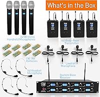 Vista 7 de Pyle Sistema de micrófono y receptor inalámbrico UHF profesional de 8 canales, 4 micrófonos de mano, paquetes de cinturón, transmisores, auriculares