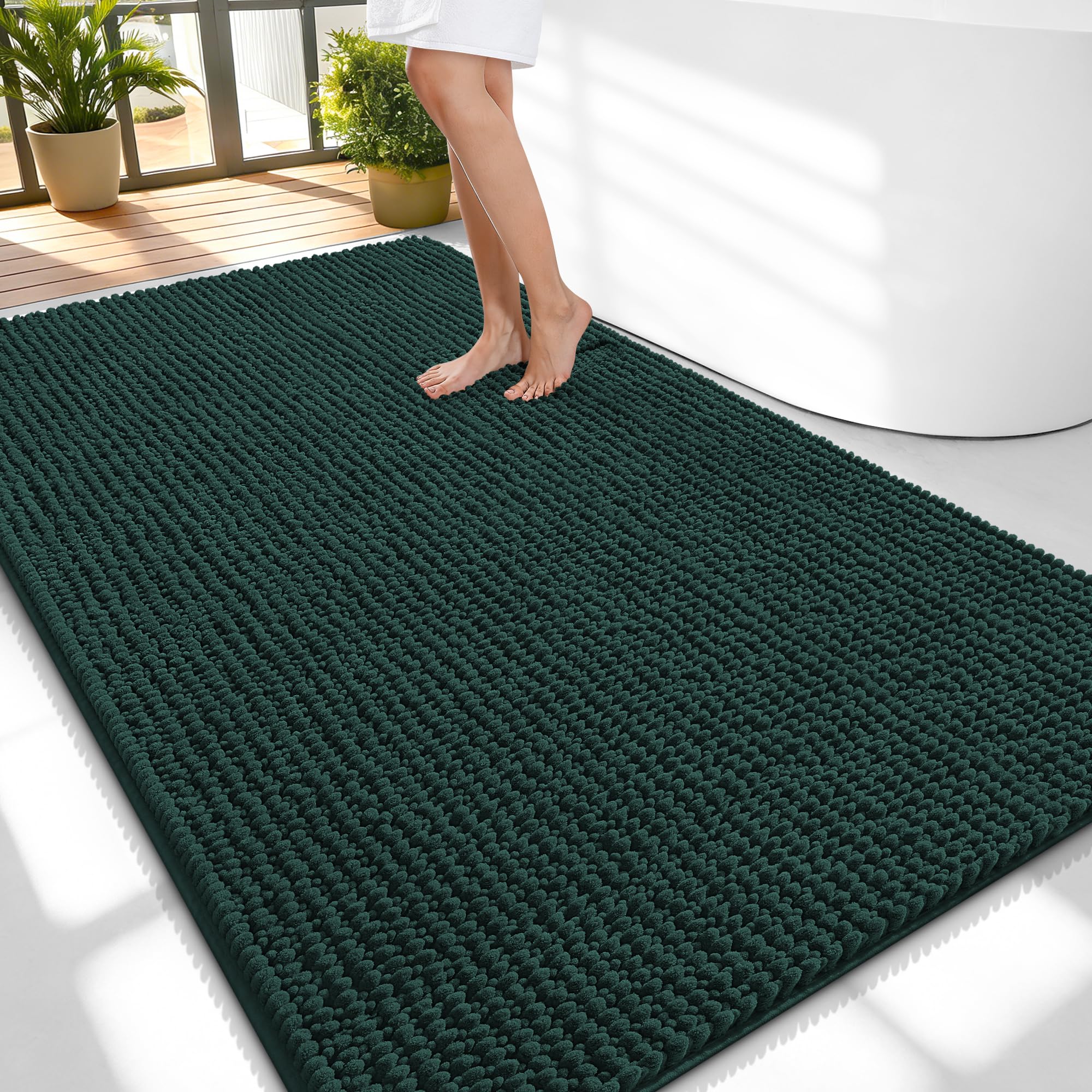 OLANLY Thick Chenille Large Bathroom Rugs Mats 59x35, Blackish Green