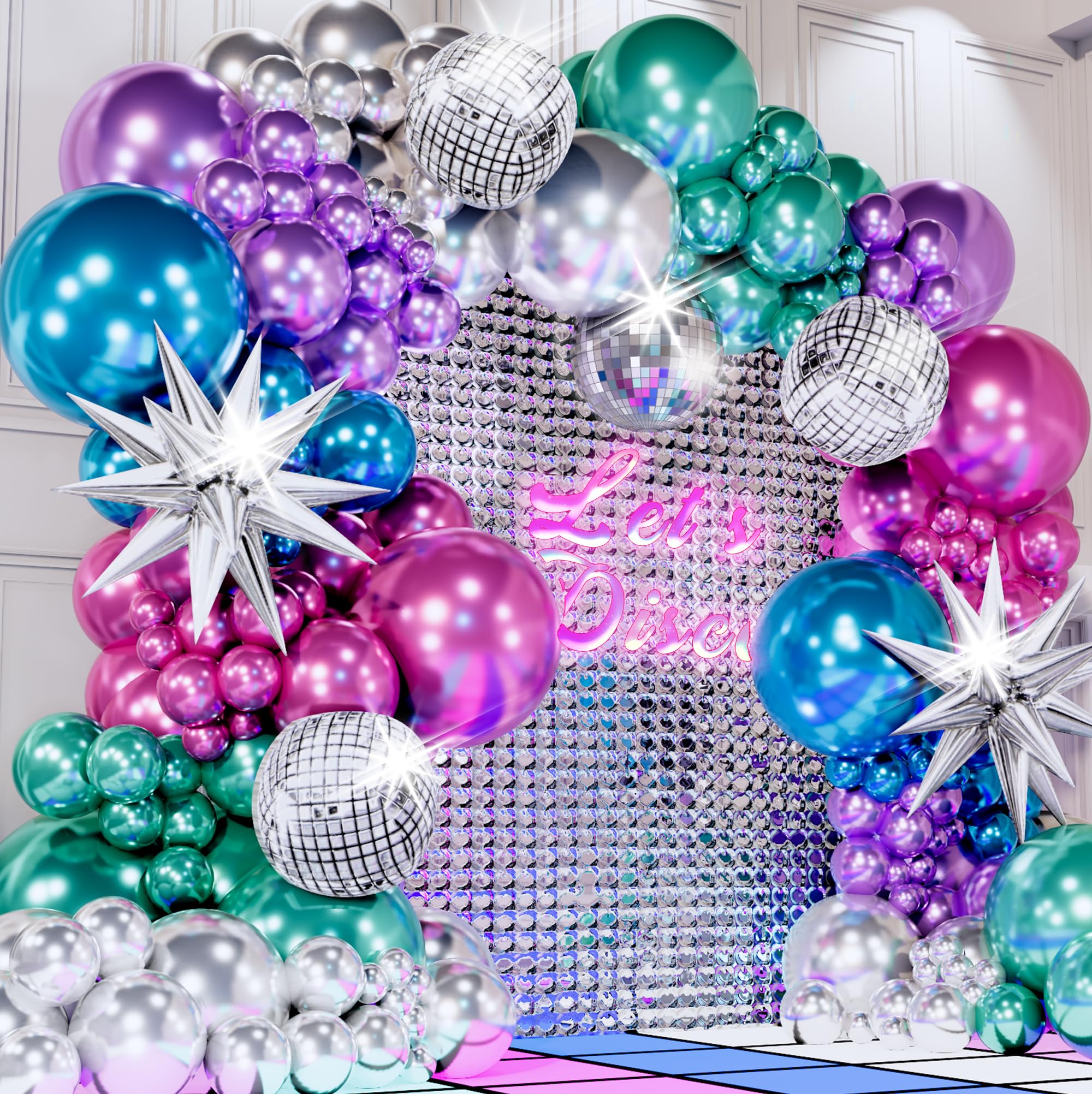 ALL-IN-1 Disco Balloon Arch Kit with BONUS Disco Balls & Starbursts for Disco Party Decorations - Metallic Balloon Arch Kit for 90s Theme Party