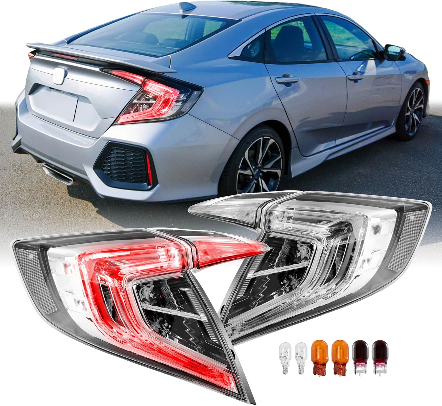 USR 16-21 FC1/FC2 Sedan Tail Light – Rear Tail Lamps 4pc Set (Left + Right) Compatible with 2016-2021 Honda Civic 4 Door All Models DX, EX, LX, Sport, Touring and Si (CLEAR LENS TAIL LIGHTS 4-PIECES)