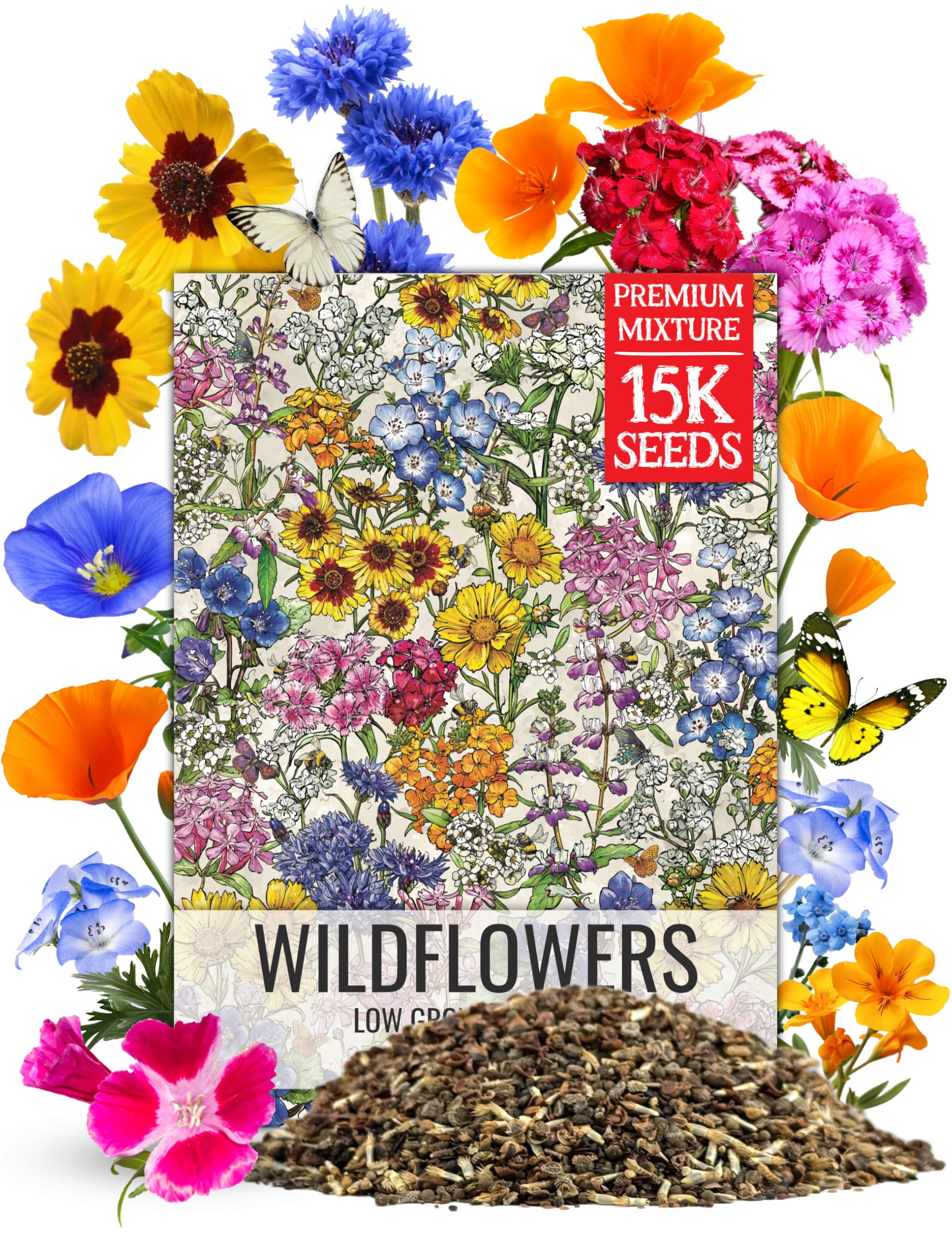 Seed Needs Low Growing Wildflower Flower Seeds for Planting | 1 Ounce Mixture/Blend 17 Varieties | Resealable Package Multicolored Blooms Open Pollinated Mixed Species | Bulk